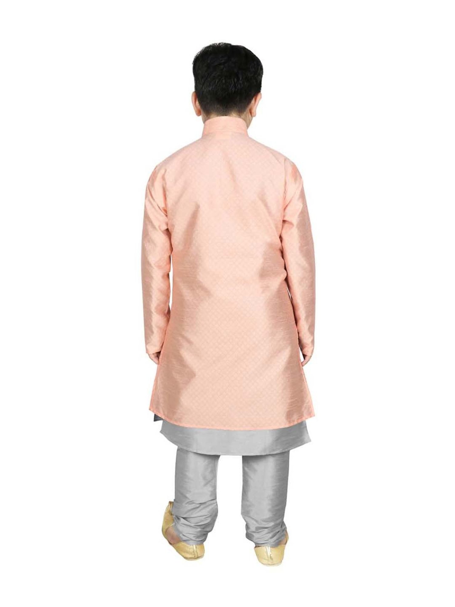 SG Yuvraj Kids Peach & Grey Textured Pattern Full Sleeves Kurta Set