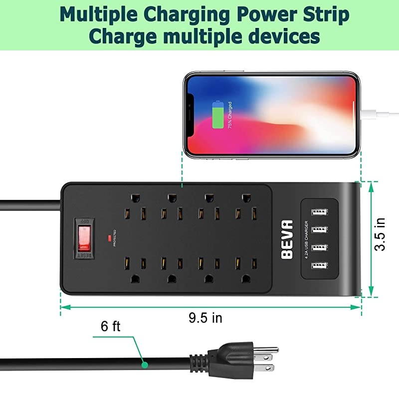 Protector Power Strip with USB Ports, 4 USB 8 Outlets Mountable Power Strip with 6 FT Long Extension Cord, 1875W/ 15A, 300 Joules, for Smartphone Tablets Home,Office & Hotel- Black