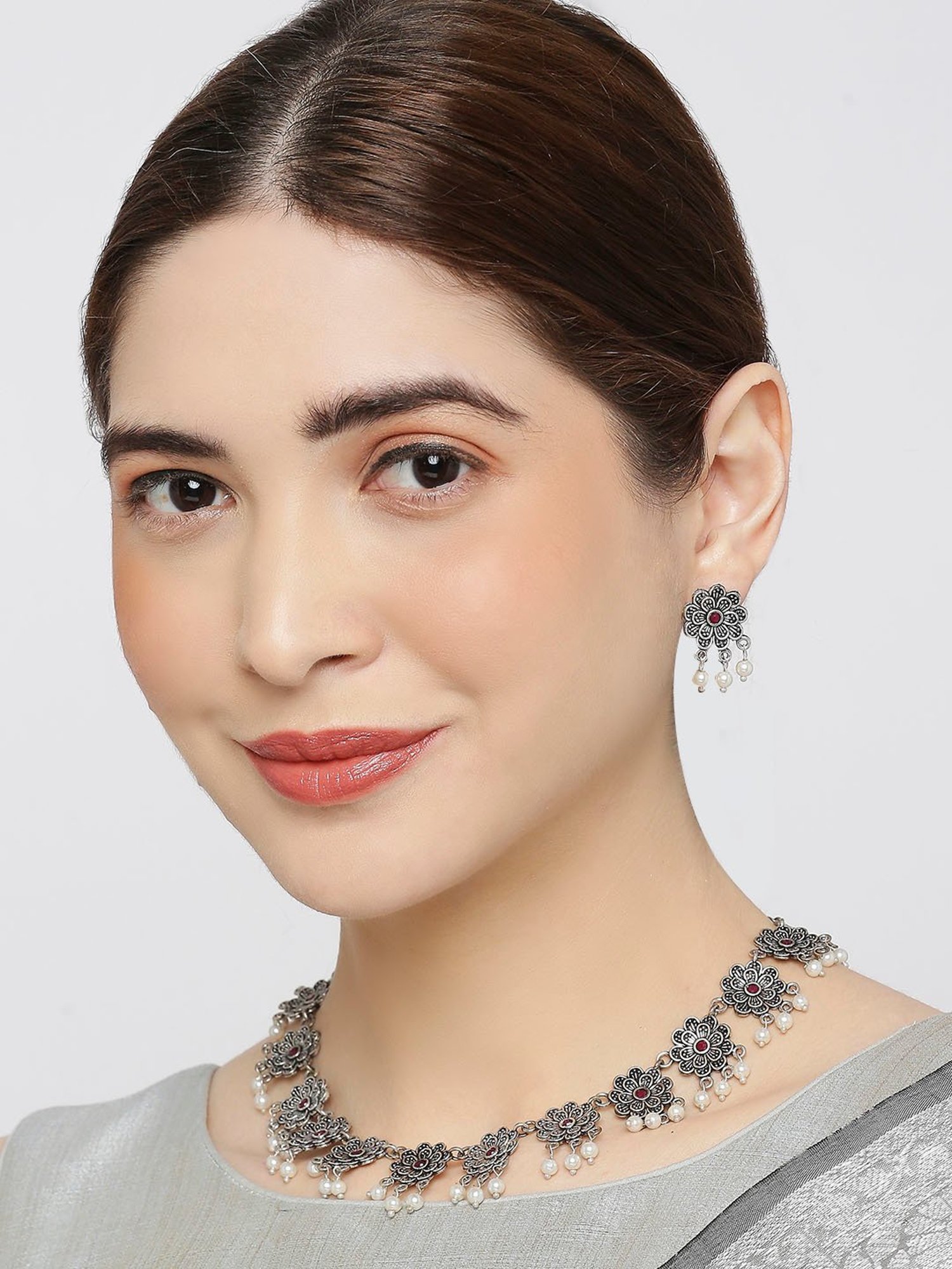 OOMPH Oxidized Silver Look Alike Maroon Stone Pearls Choker Necklace Set with Earrings