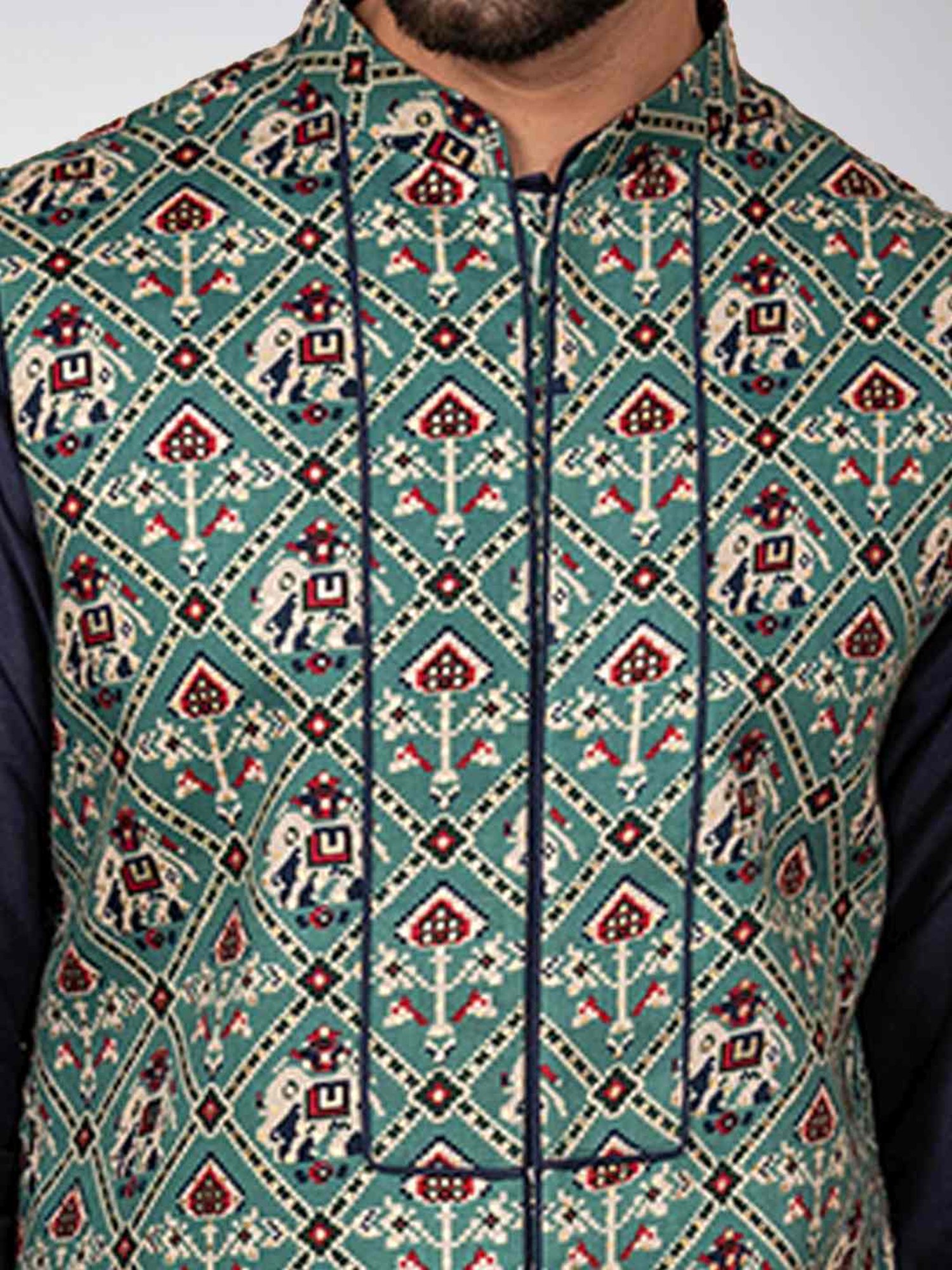 KISAH Green & Navy Regular Fit Printed Kurta Set with Jacket