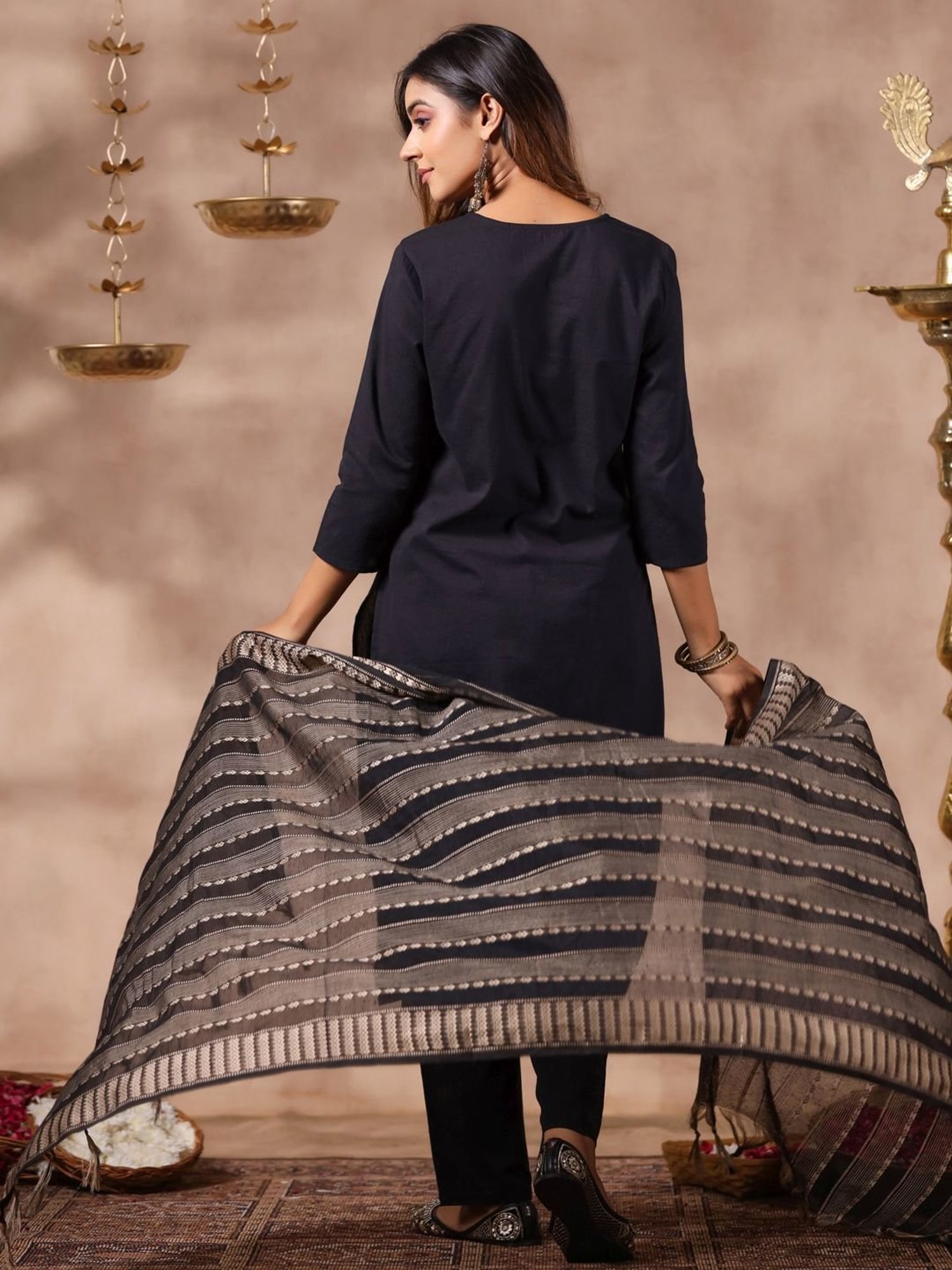 Anubhutee Black Cotton Kurta Pant Set With Dupatta