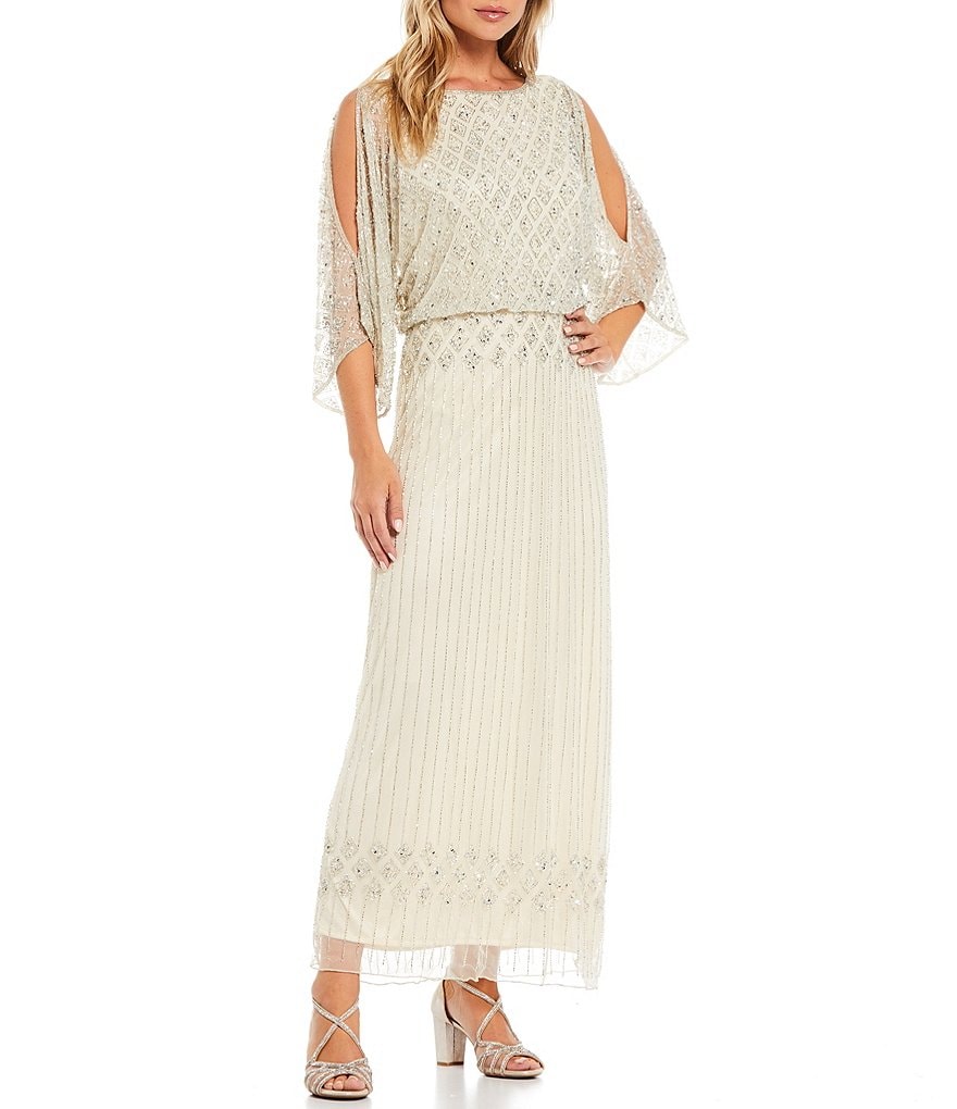 Pisarro Nights Diamond Beaded Blouson Split Sleeve Boat Neck Dress