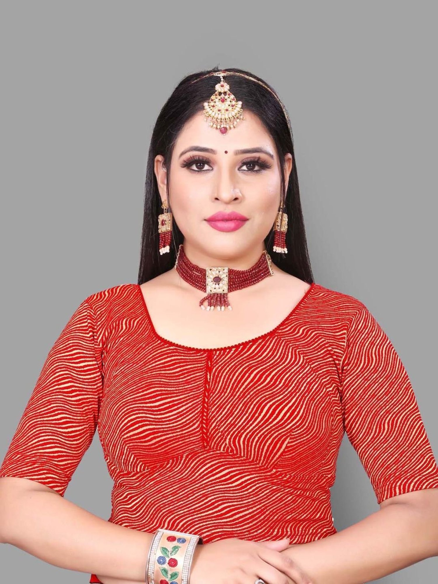 Satrani Red Printed Readymade Blouse