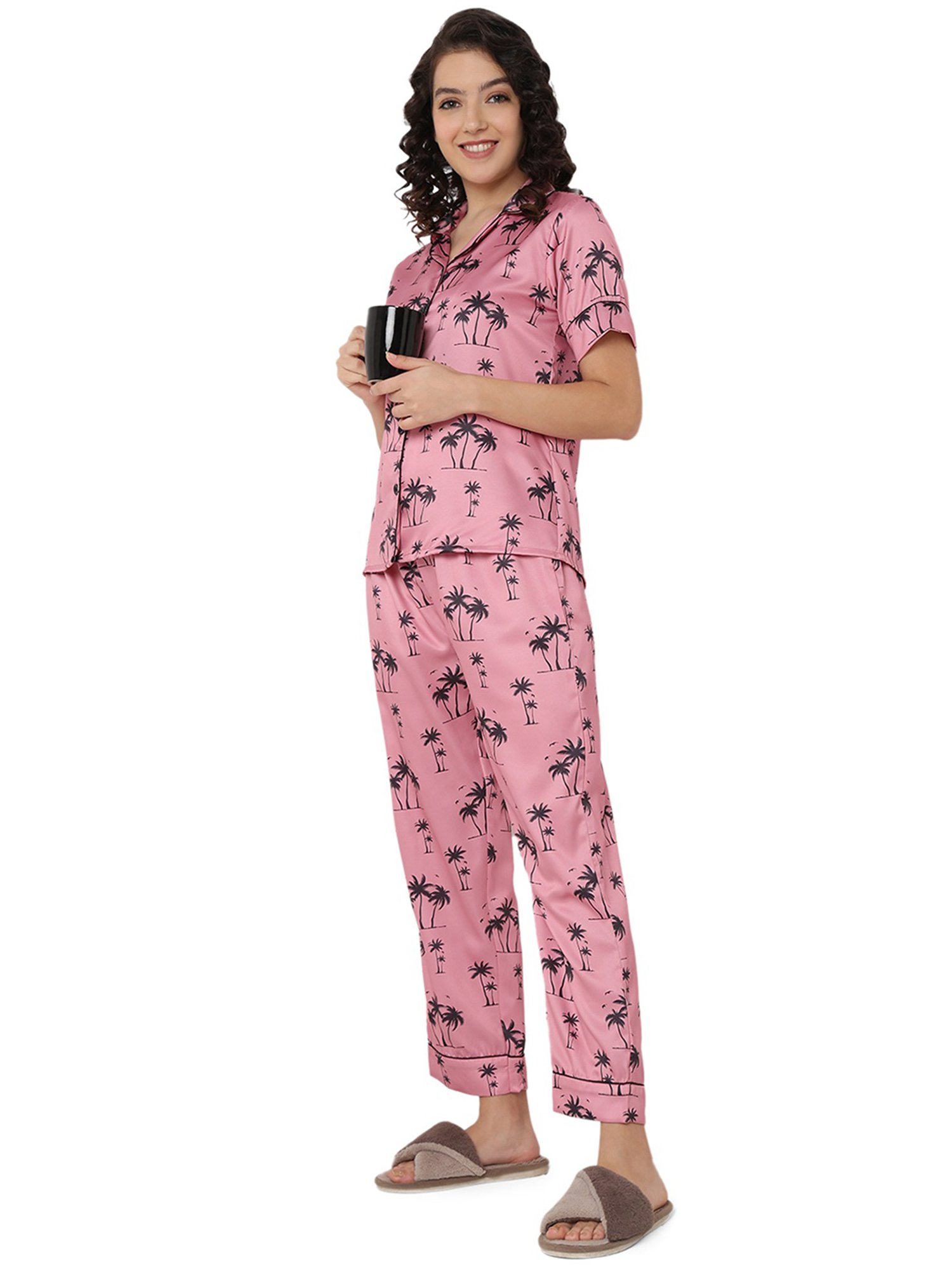 Smarty Pants Pink & Black Satin Printed Shirt With Pyjamas