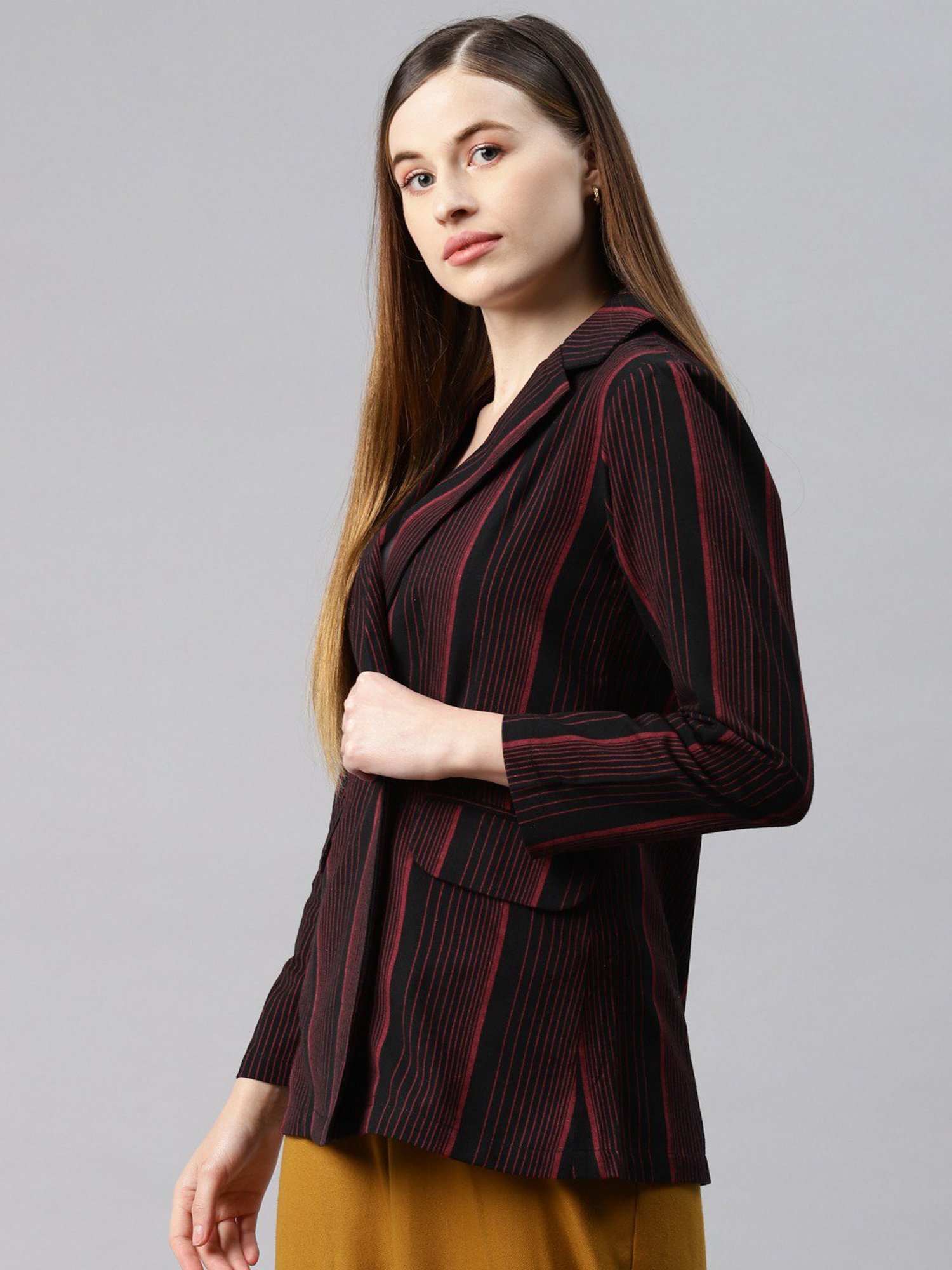 Cottinfab Black & Maroon Cotton Striped Blazer