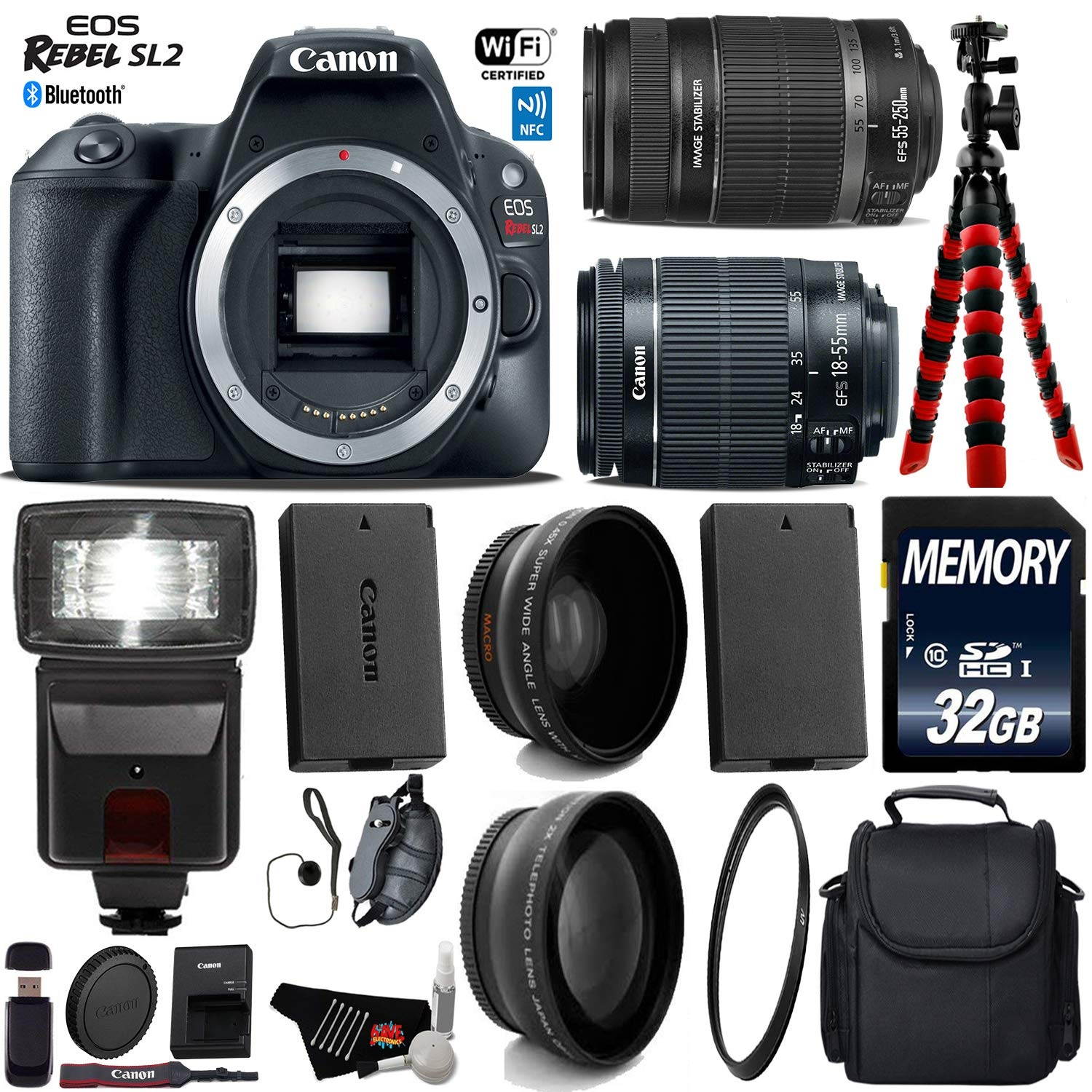 Canon EOS Rebel SL2 DSLR Camera with 18-55mm IS STM Lens & 55-250mm IS II Lens + Camera Case + Flash + UV FLD CPL Filter Kit + Wide Angle & Telephoto Lens + Tripod + Card Reader- Intl Model