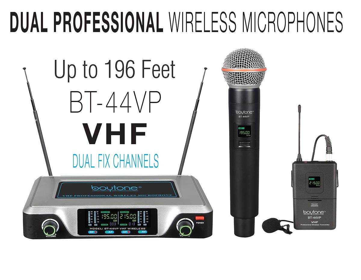 Boytone BT-44VP Dual Digital Channel Wireless Microphone plus Headset Mic Set System - VHF Fixed Frequency Wireless Mic