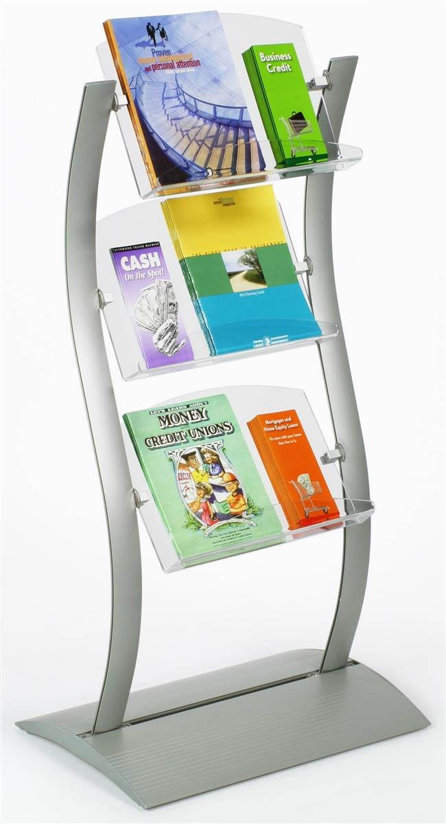 Literature Rack With 3 Height-Adjustable Clear Acrylic Pockets, Free-Standing, Unique Wave-Like Design - Silver, Aluminum (WVLH4518)