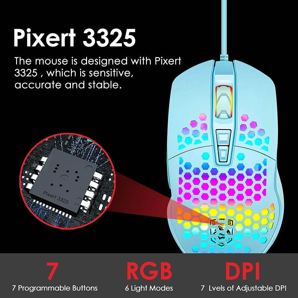 Lightweight Gaming Mouse Wired Honeycomb Hollow RGB Streamer 6400 DPI Programming Optical Sensor Pixert 3325 78G for PC X-Box PS4 Gamer