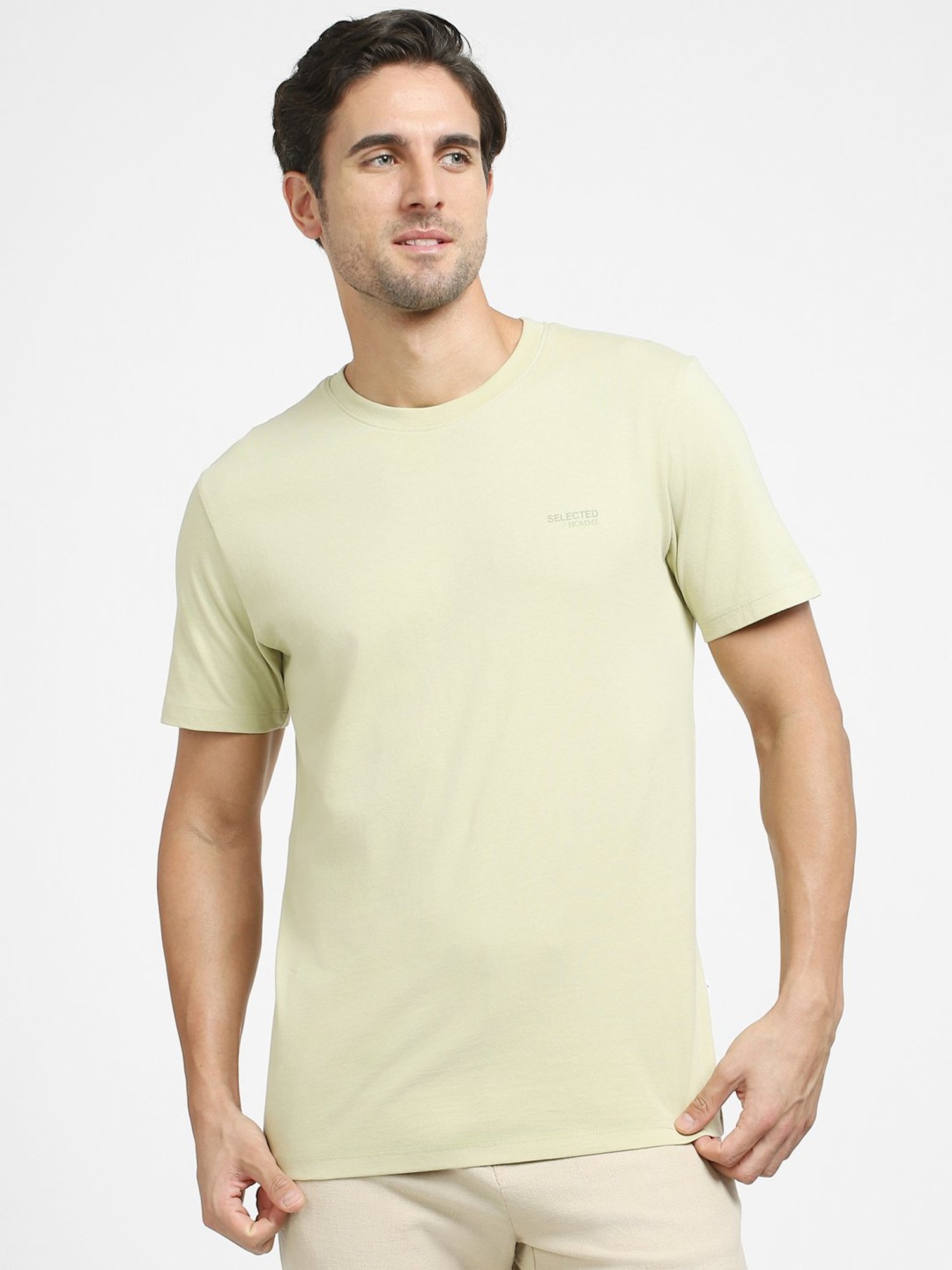 SELECTED HOMME Light Green Regular Fit Cotton Crew T-Shirt