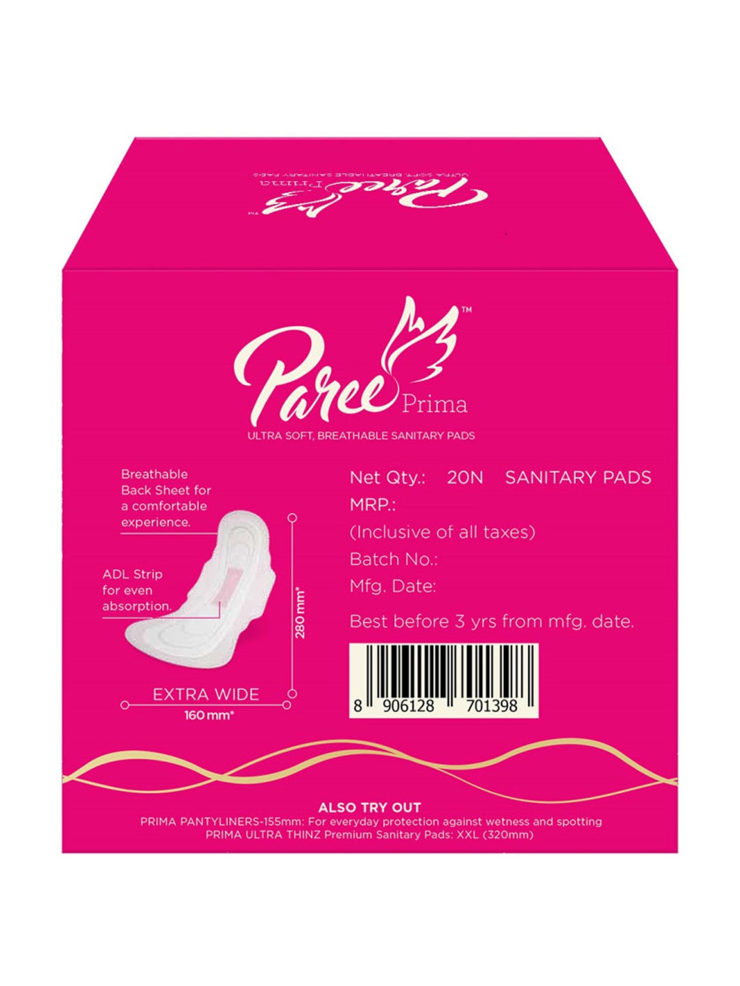 Paree Prima Ultra Soft Sanitary Trifold XL Pads for Women - 20 Pcs
