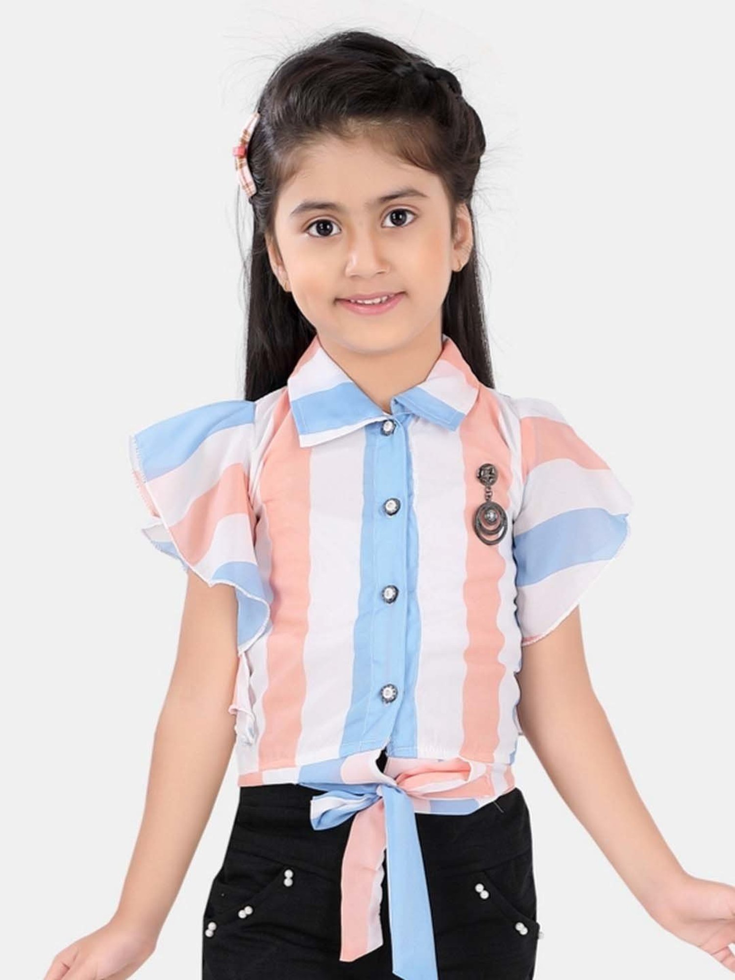 poplins Kids Peach & Blue Cotton Color Block Top