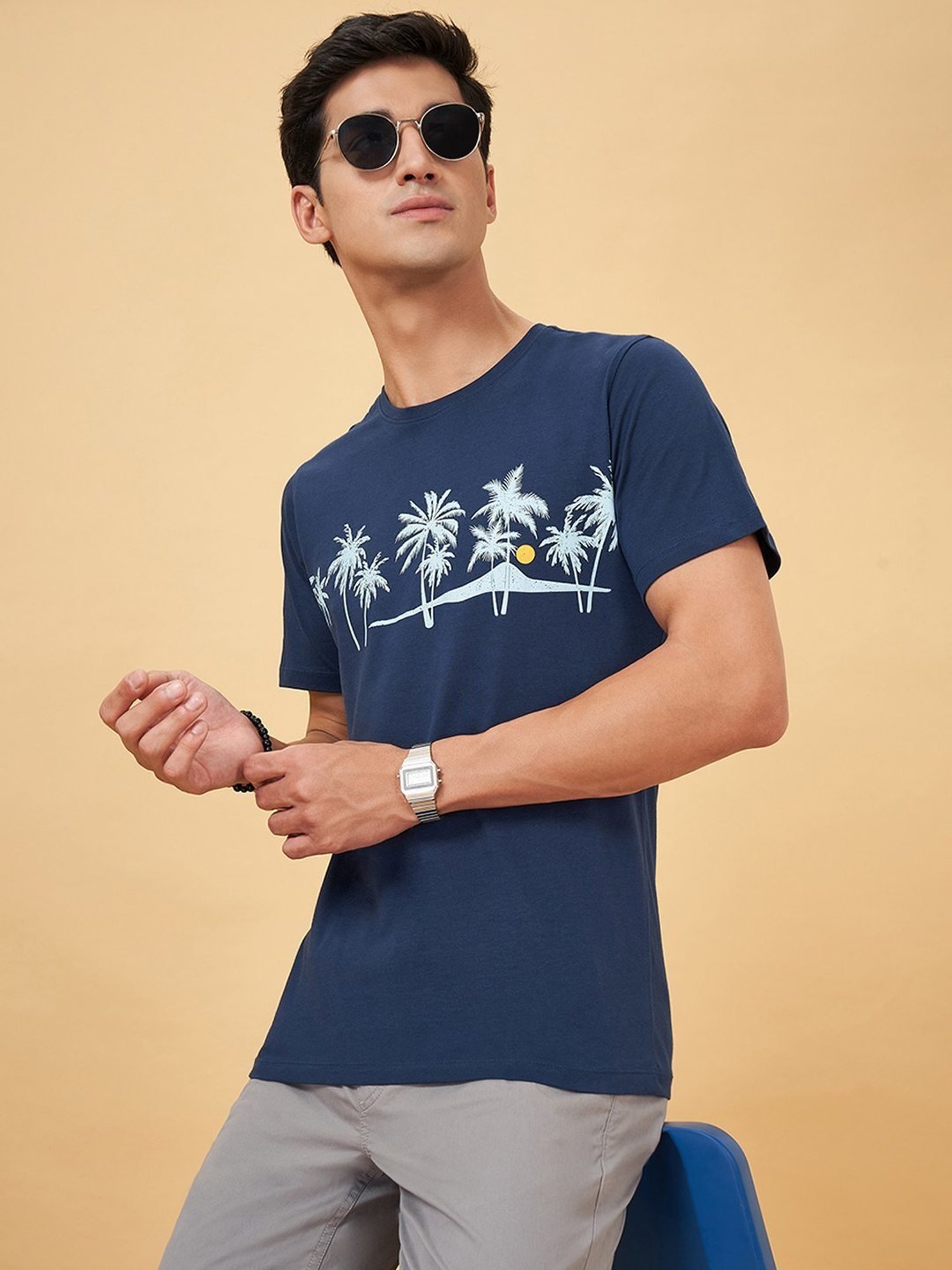 Urban Ranger By Pantaloons Dark Blue Cotton Slim Fit Printed T-Shirt