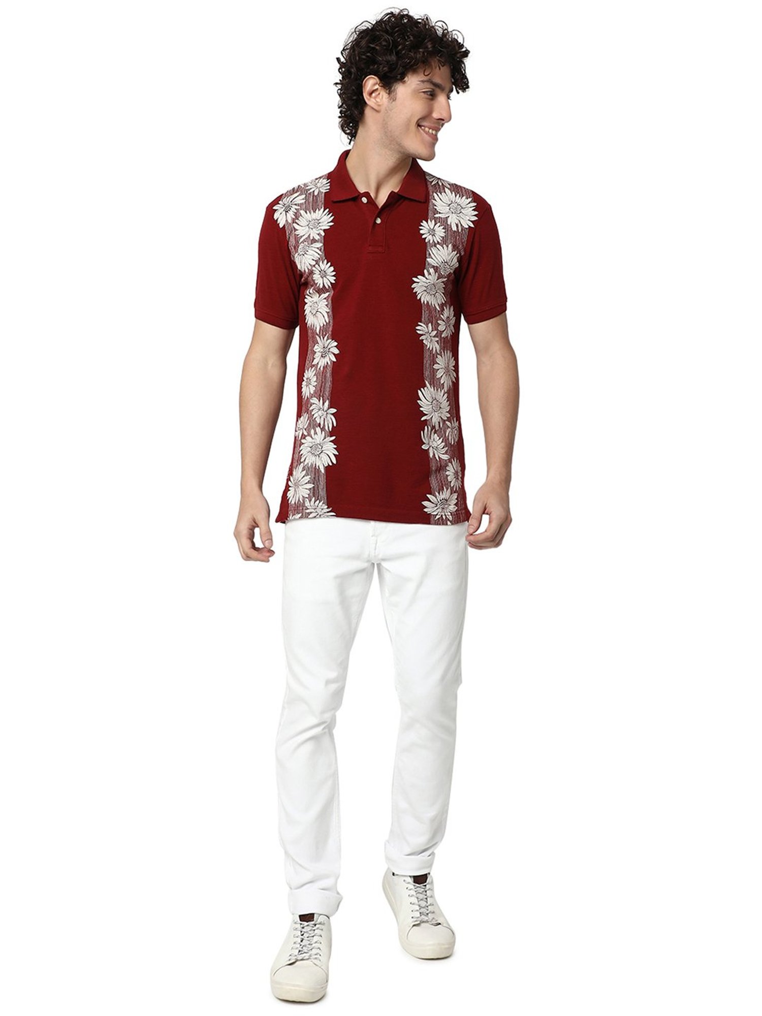 Mufti Dark Rust Slim Fit Floral Print Cotton Polo T-Shirt
