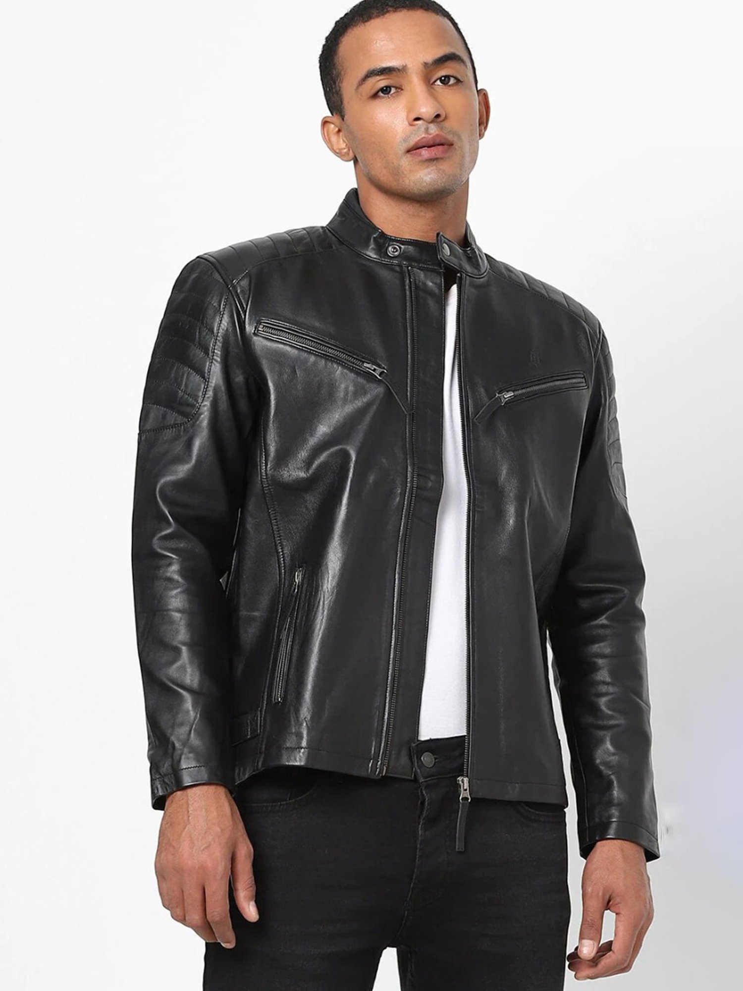 Tortoise Galileo Black Regular Fit Leather Jacket