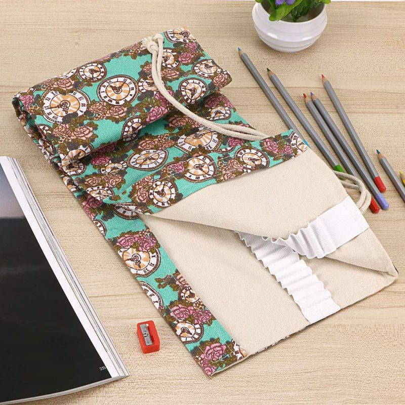 BTSKY Canvas 108 Slot Pencil Roll Wrap-Pencil Pouches Holder Fit for Prismacolor Premier Colored Pencils (108 Slots Rose Clock)