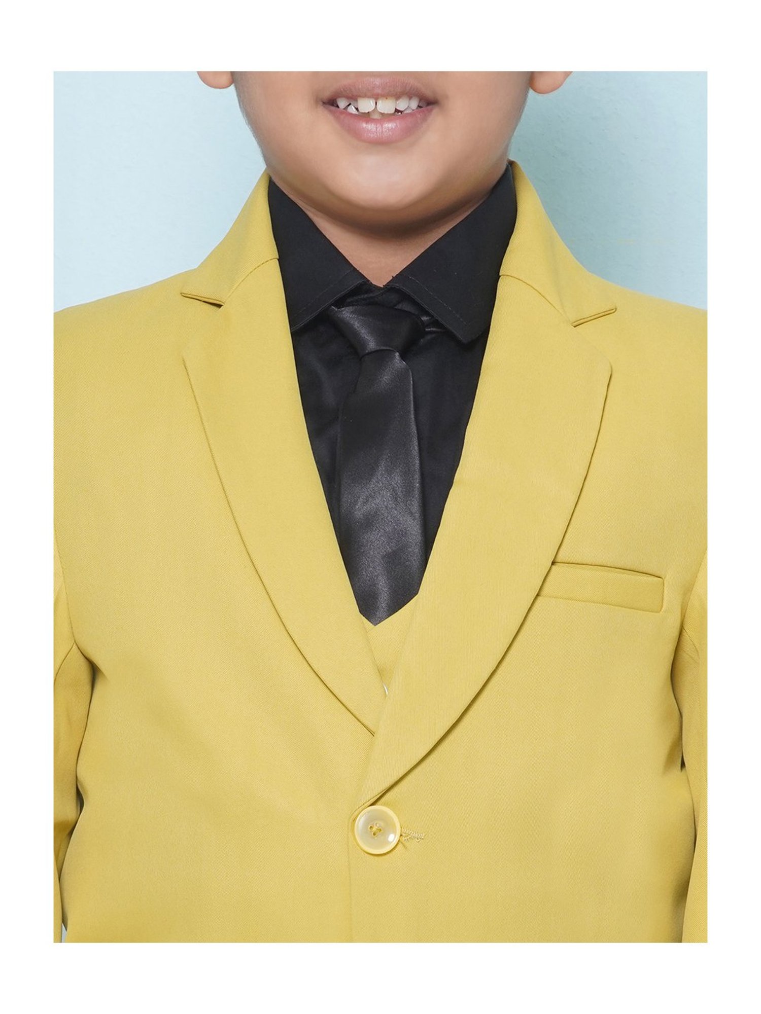 AJ Dezines Kids Mustard & Black Solid Full Sleeves Shirt, Pants, Coat, Waistcoat with Tie