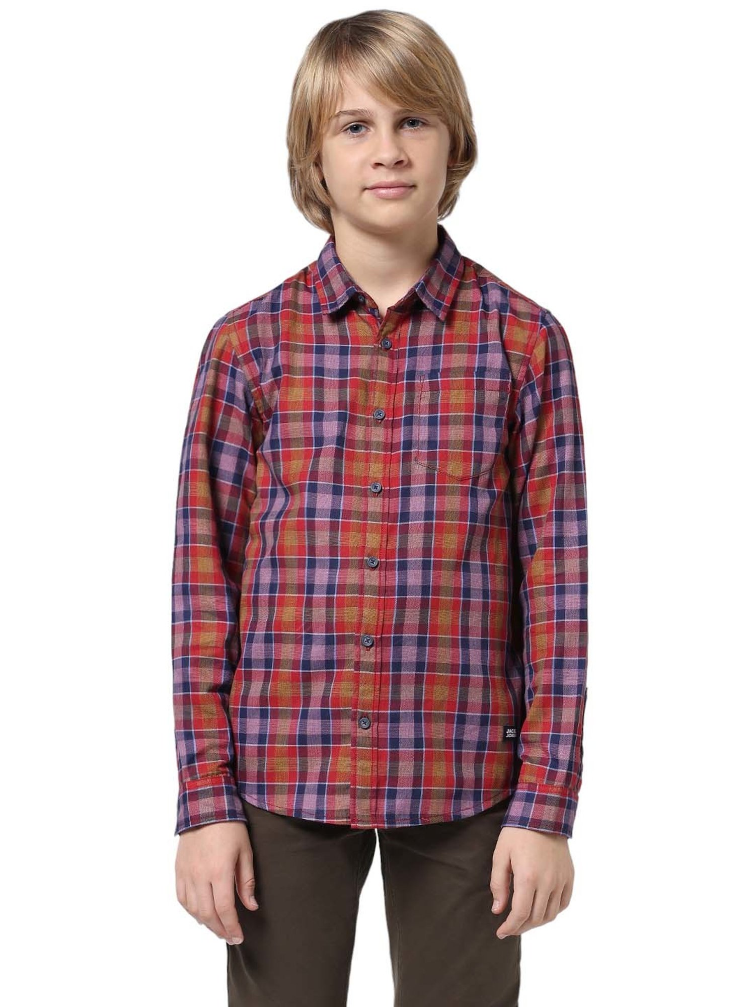 Jack & Jones Junior Red & Lilac Cotton Chequered Full Sleeves Shirt