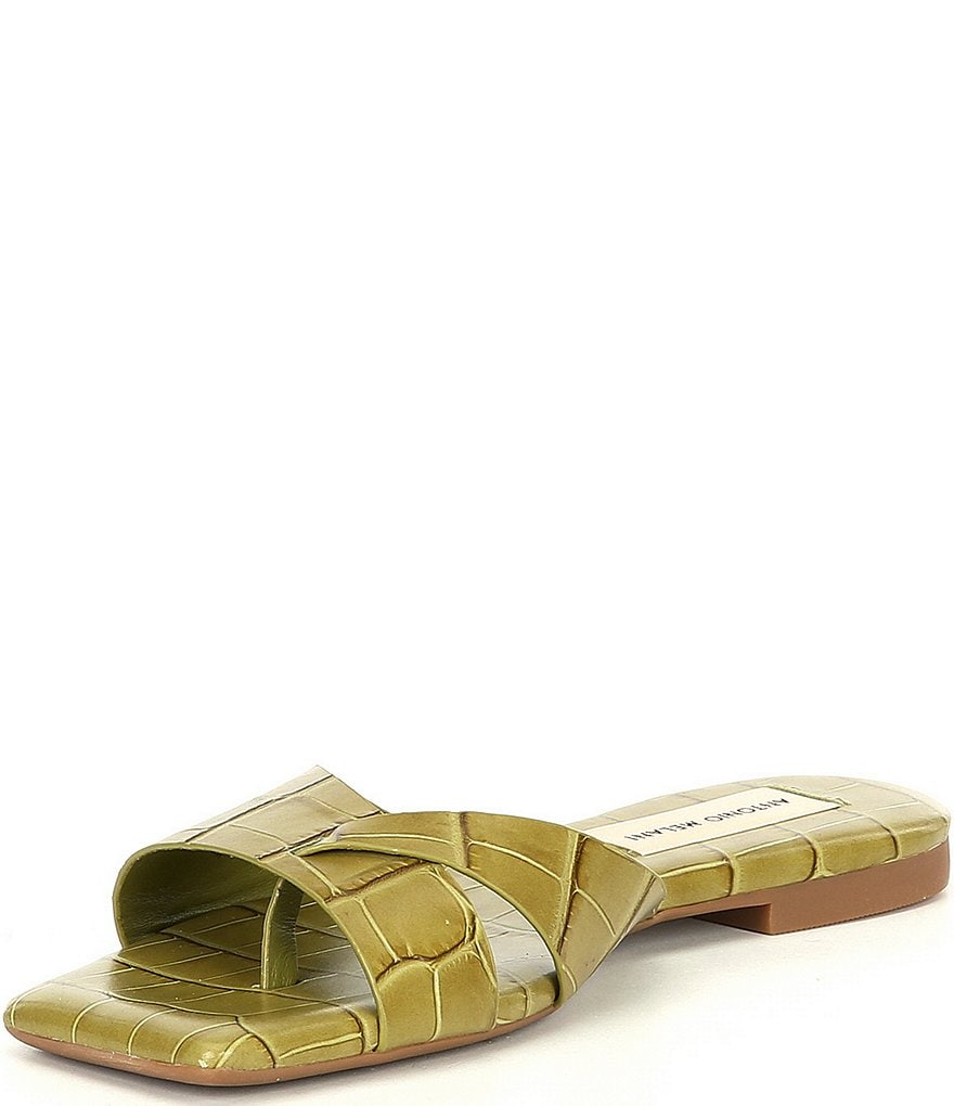 Antonio Melani Lev Croco Printed Leather Thong Square Toe Flat Sandals