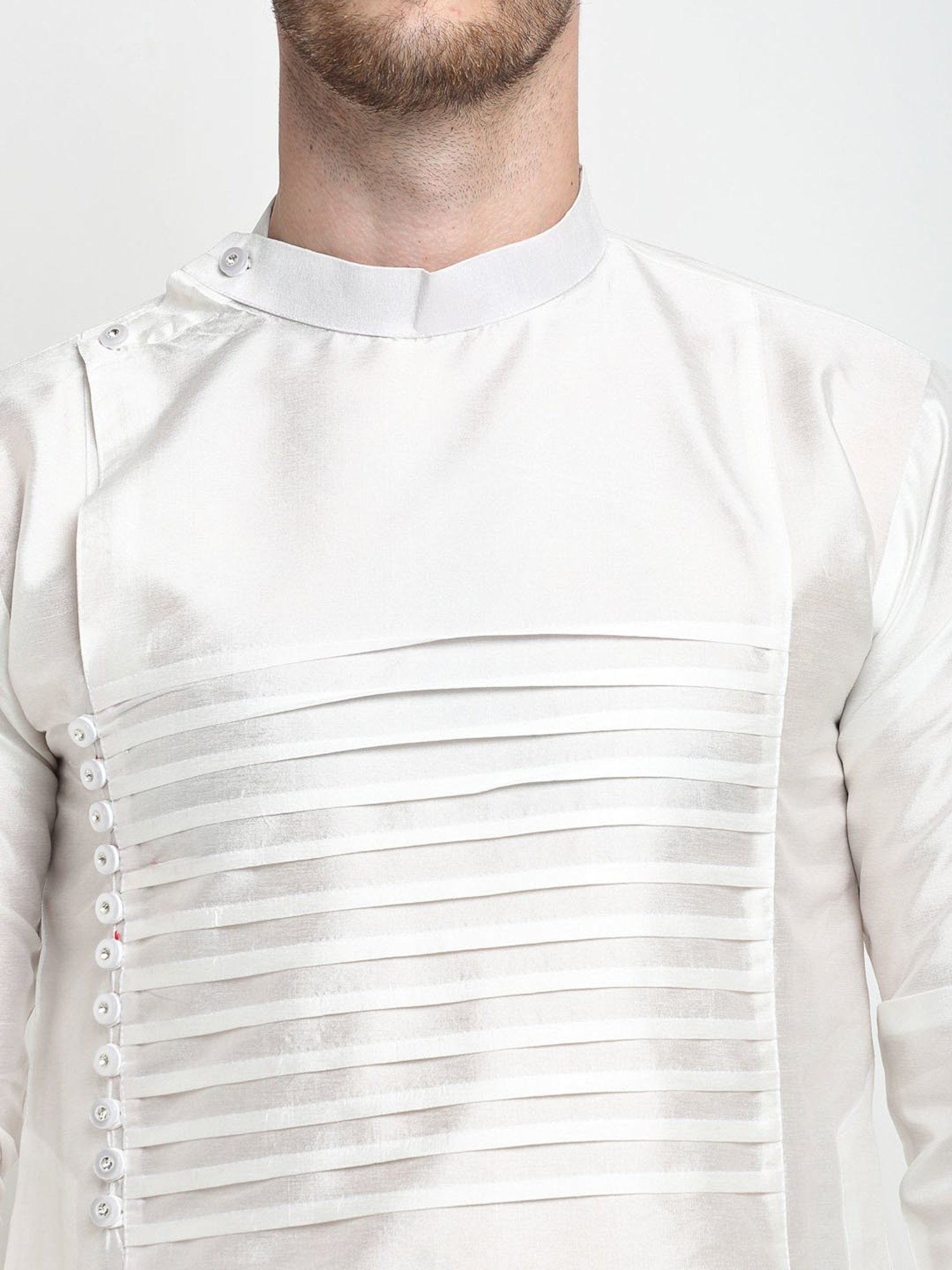 Benstoke White Regular Fit Mandarin Collar Long Kurta