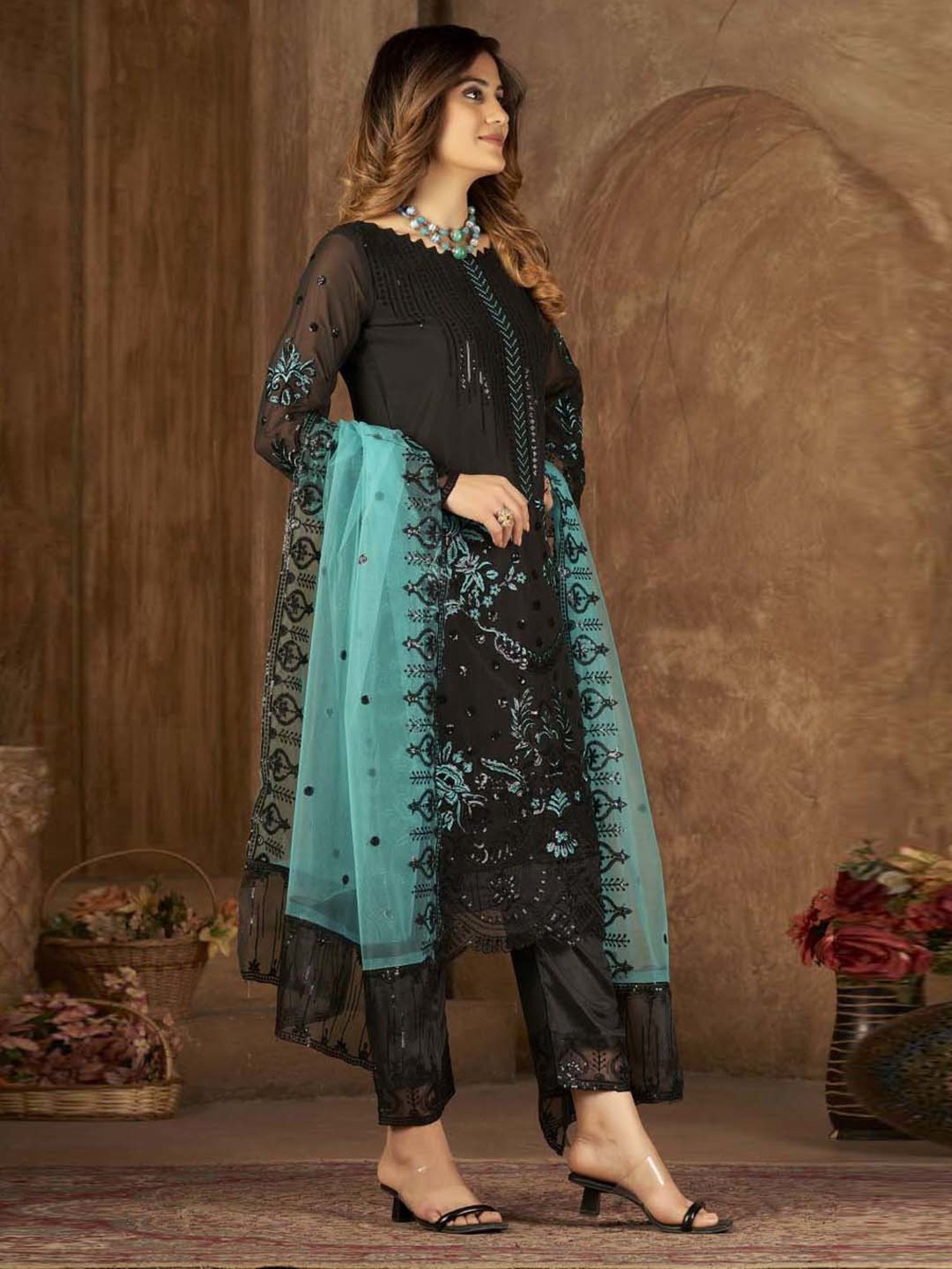 Warthy Ent Blue Embroidered Semi Stitched Dress Material