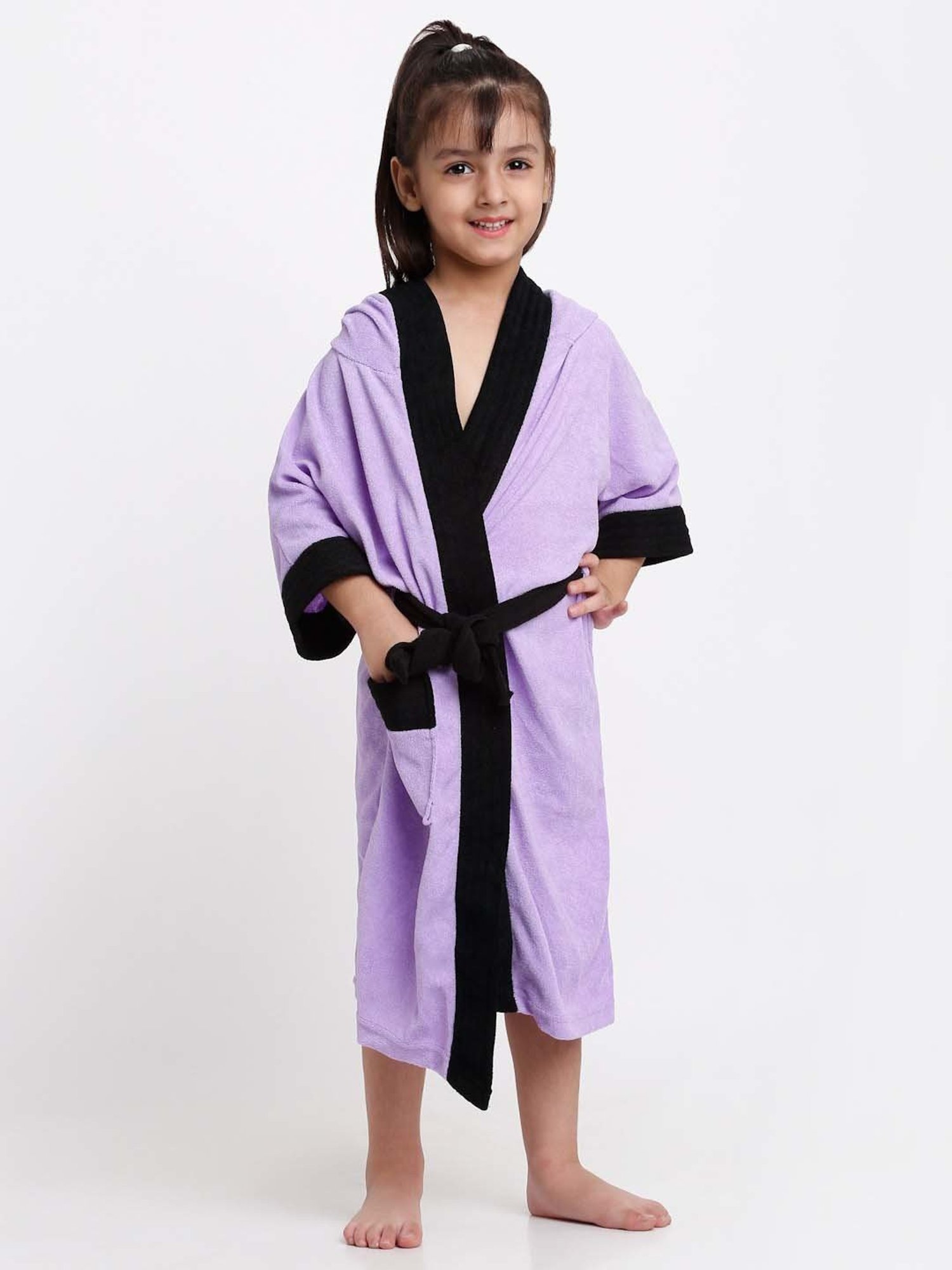 Creeva Melodious Black & Turkish Micro Terry 225 GSM Kids Hooded Bathrobe 4-5 Years With Pocket