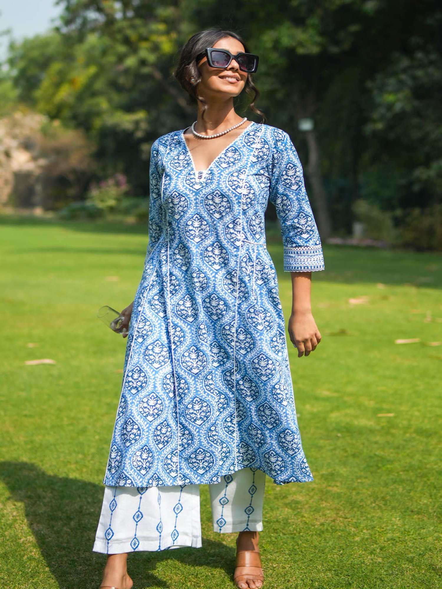 Akiso Blue Hand Block Printed Flared Kurta Set With Hand Embroidery Detail ( Set Of 2 )