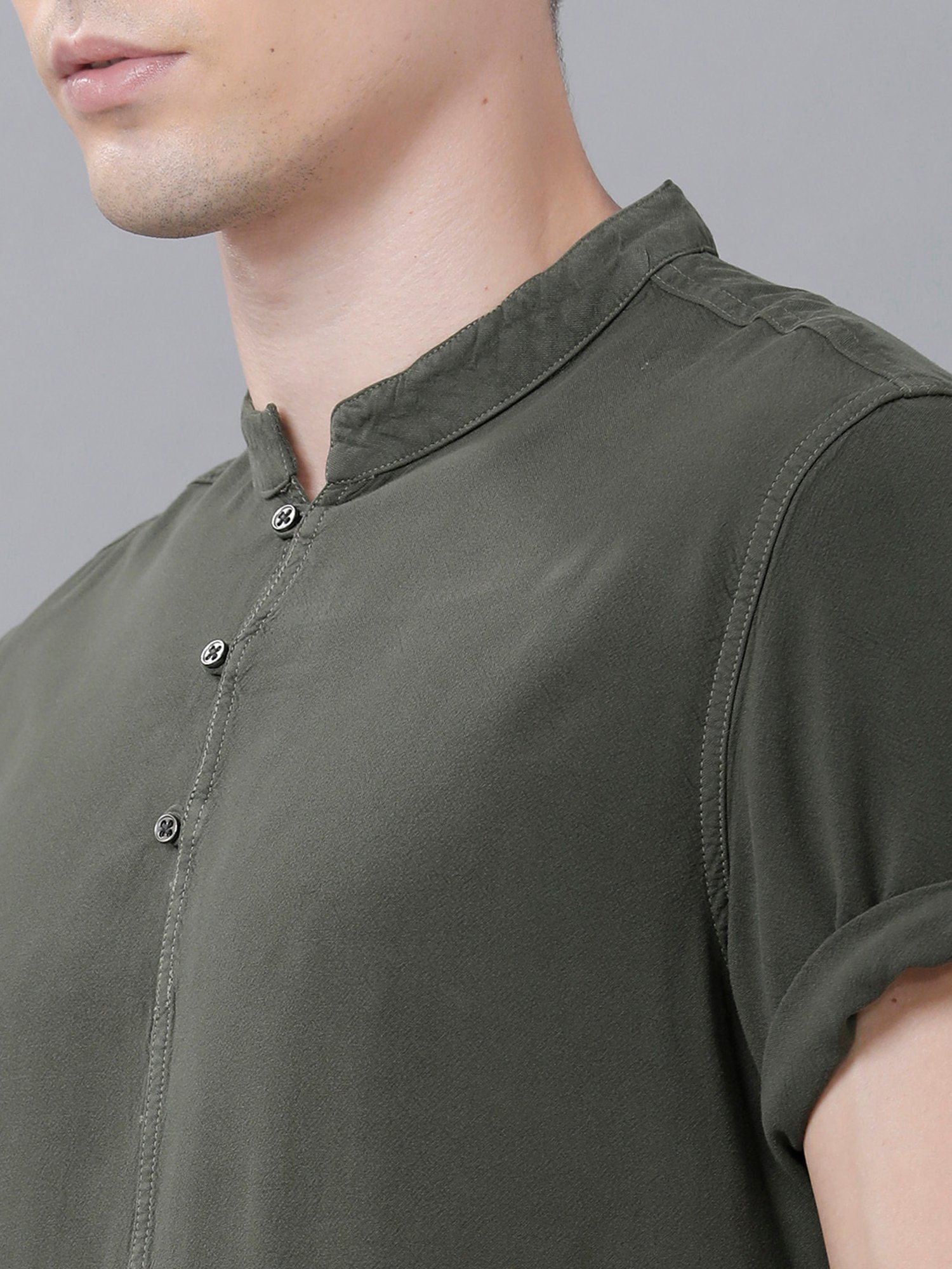 Identiti Olive Mandarin Collar Short Kurta