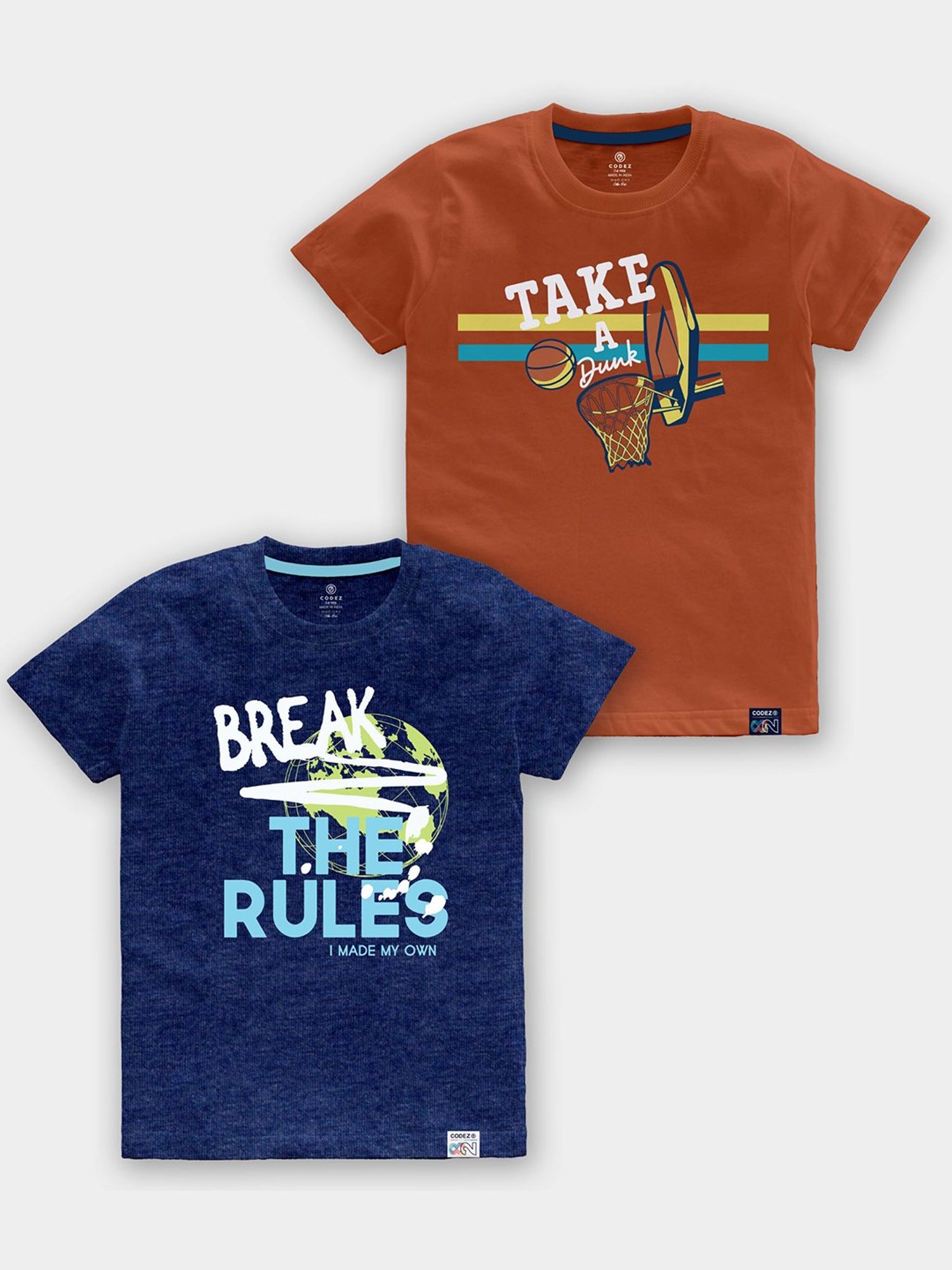 Codez Boys Blue & Rust Printed T-Shirt (Pack Of 2)