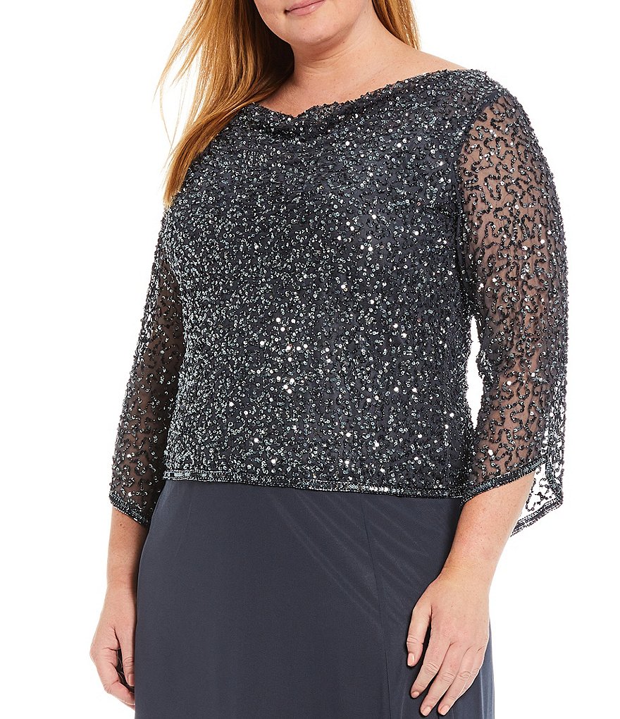 Jkara Plus Size 3/4 Illusion Beaded Cowl Neck Gown