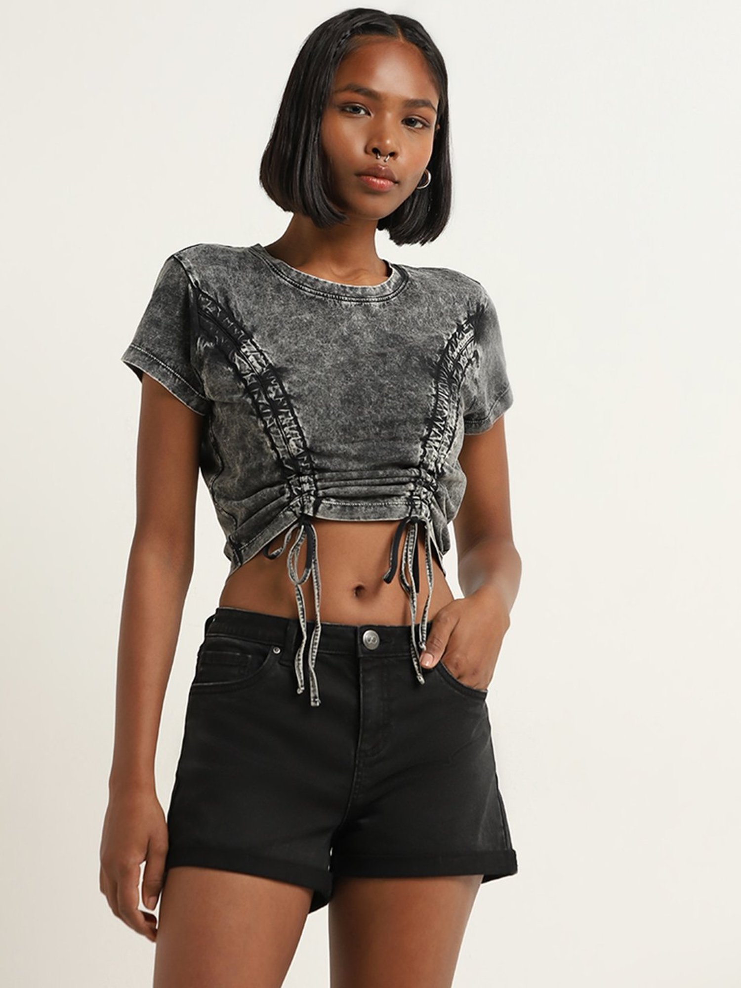 Nuon by Westside Grey Ruched Detailed Denim T-Shirt