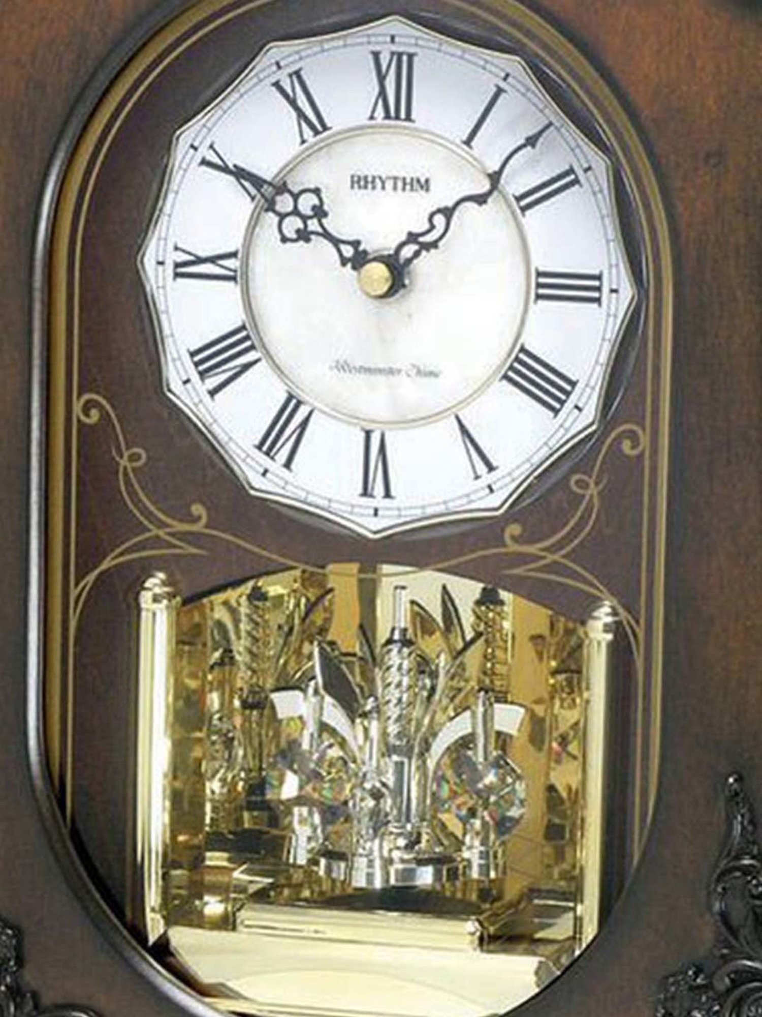 RHYTHM Brown Wood Musical Melodies In Motion Hourly Westminster Chime Rotating Pendulum Table Clock