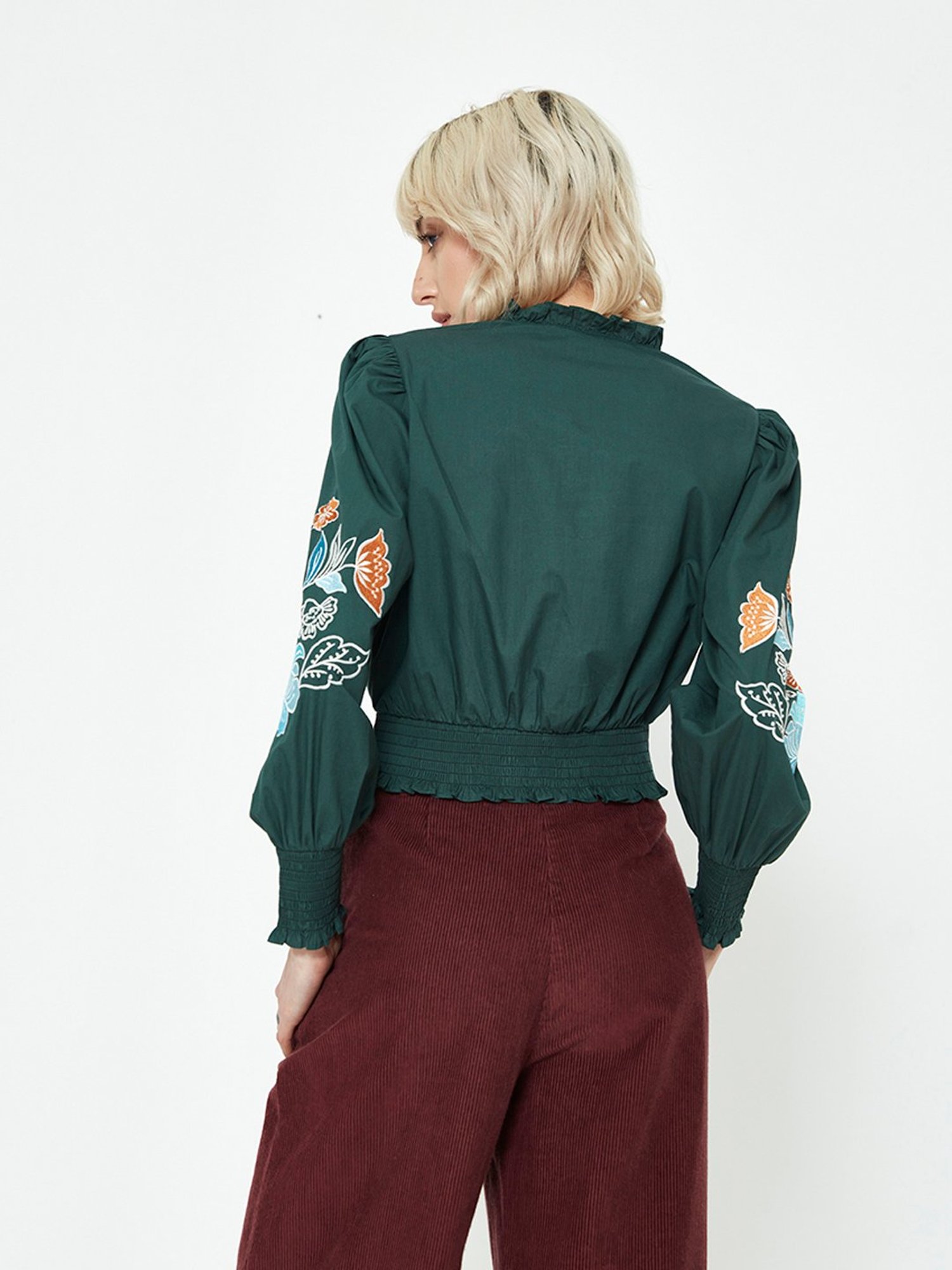 Cover Story Green Embroidered Crop Top