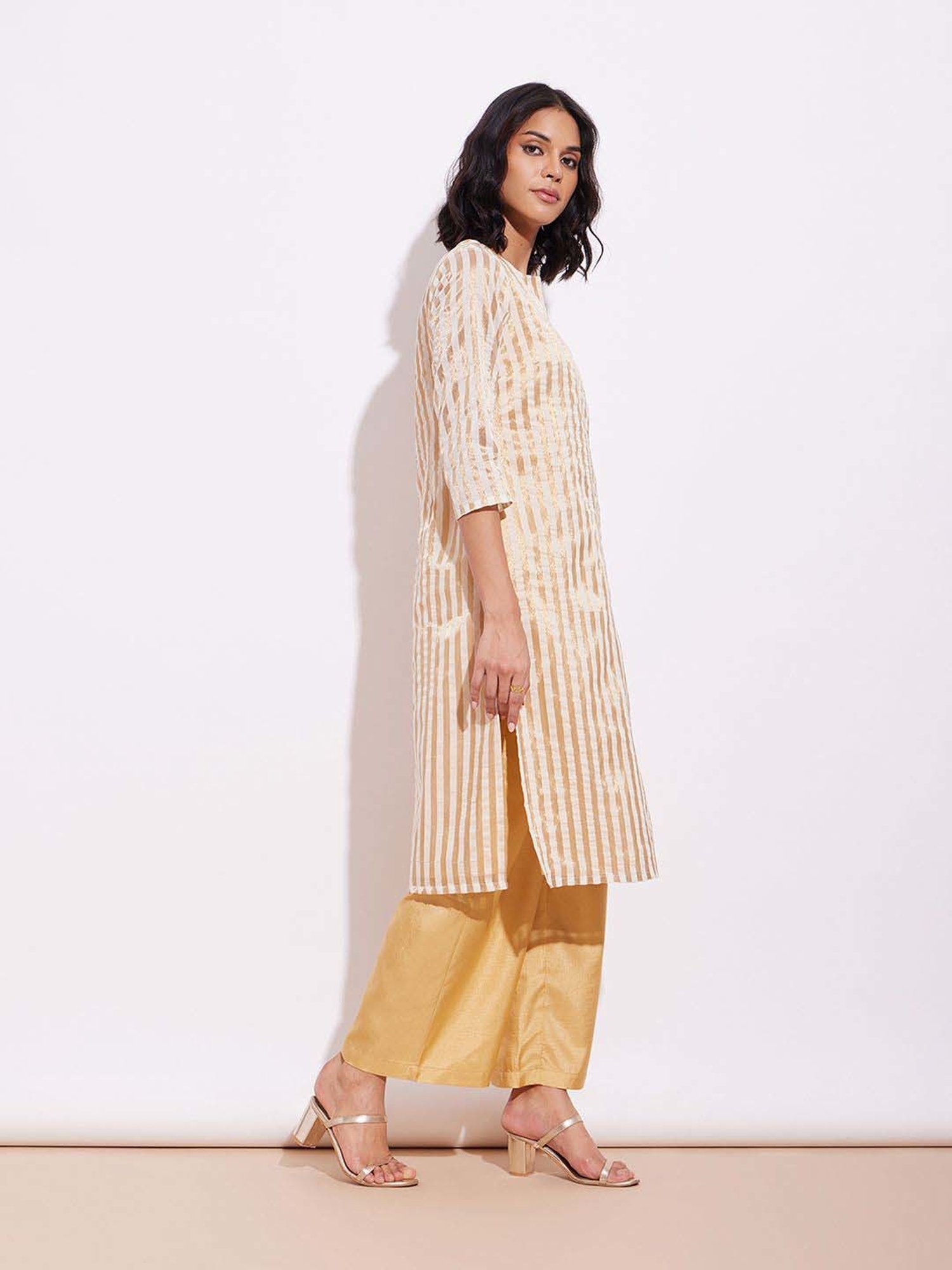 Pink Fort Beige Striped Kurta Palazzo Set