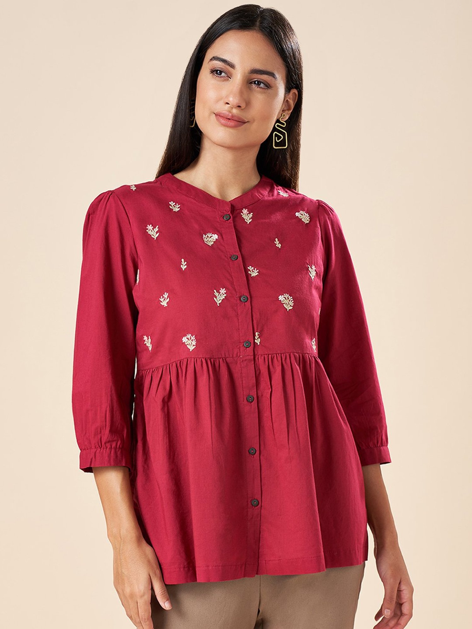 Akkriti by Pantaloons Maroon Cotton Embroidered Tunic