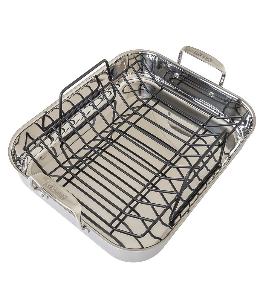 Viking 3-Ply Mirror Stainless Steel 16#double; Roasting Pan with Non-Stick Rack and Carving Set