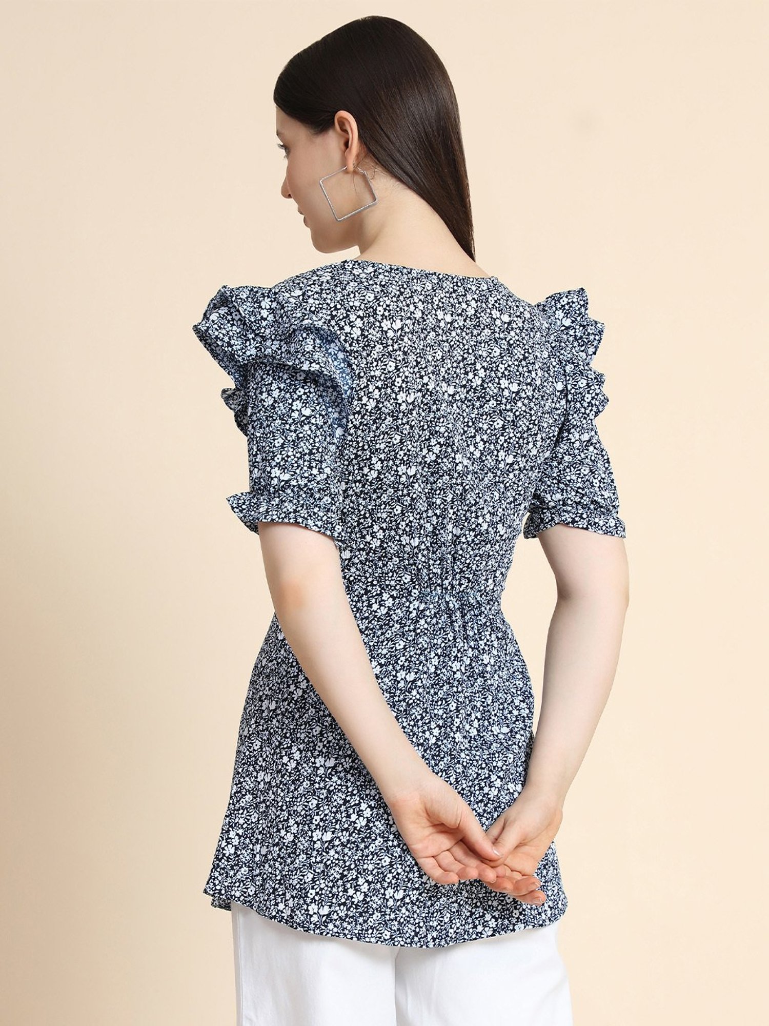 KERI PERRY Navy & White Floral Print Top