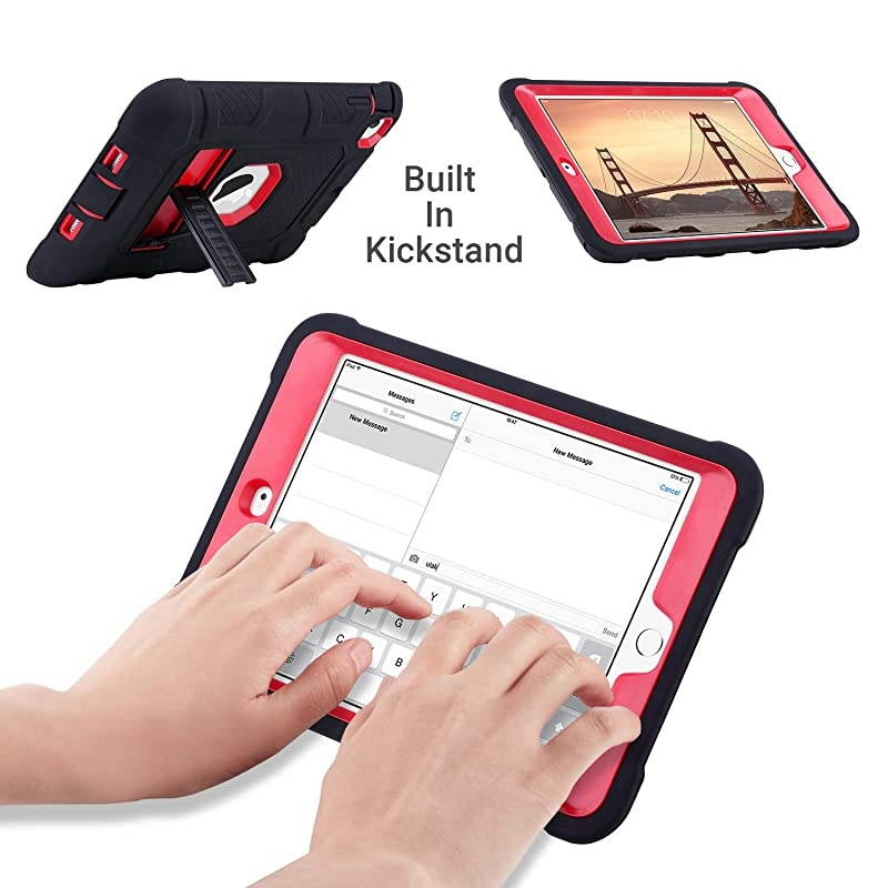 iPad Mini Case iPad Mini 2 Case iPad Mini 3 Case iPad Mini Retina Case Three Layer Heavy Duty Shockproof Protective Case for iPad Mini iPad Mini 2 iPad Mini 3 with Kickstand RedBlack