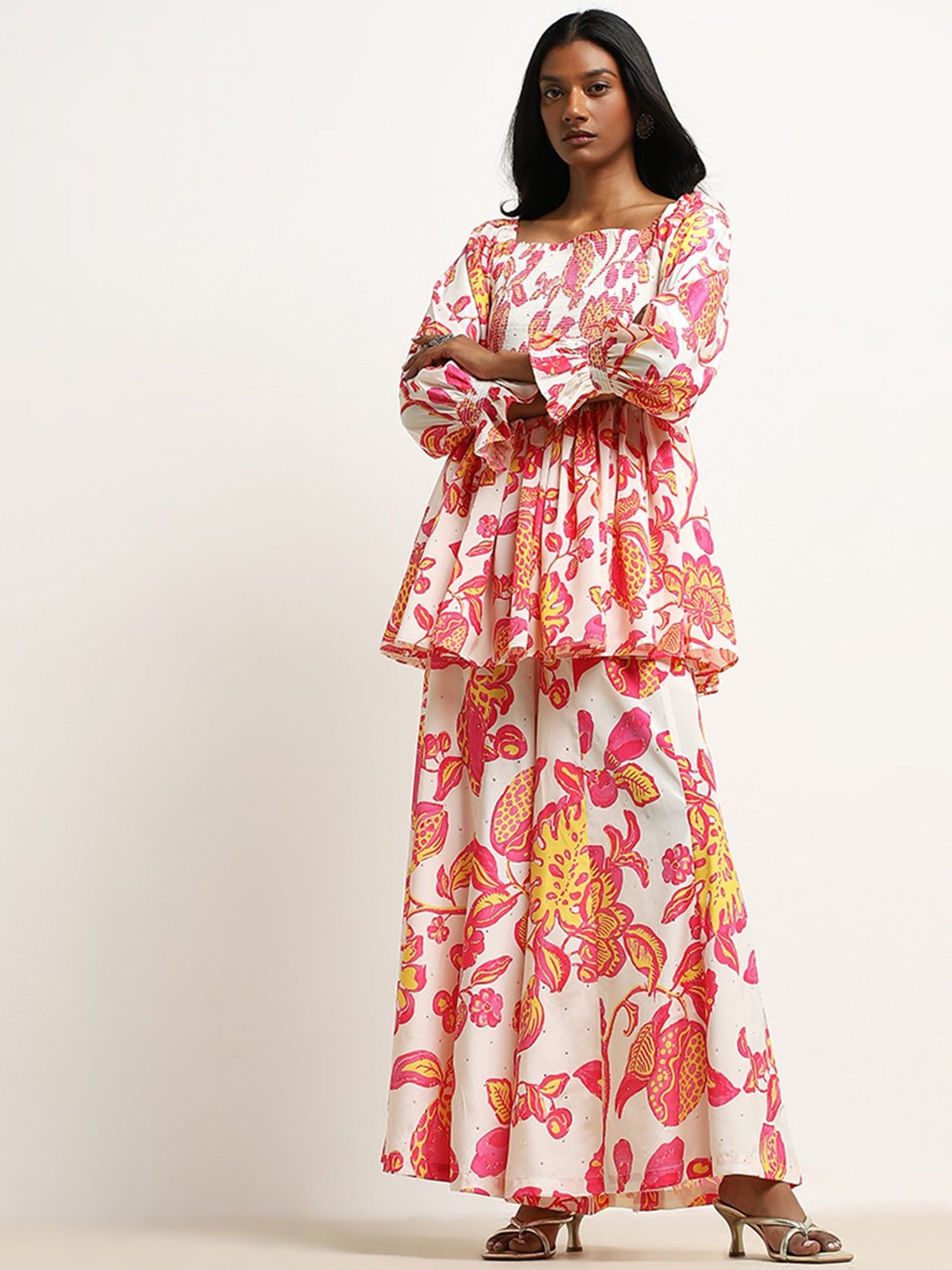 Vark by Westside Pink Floral Design Peplum Top Set