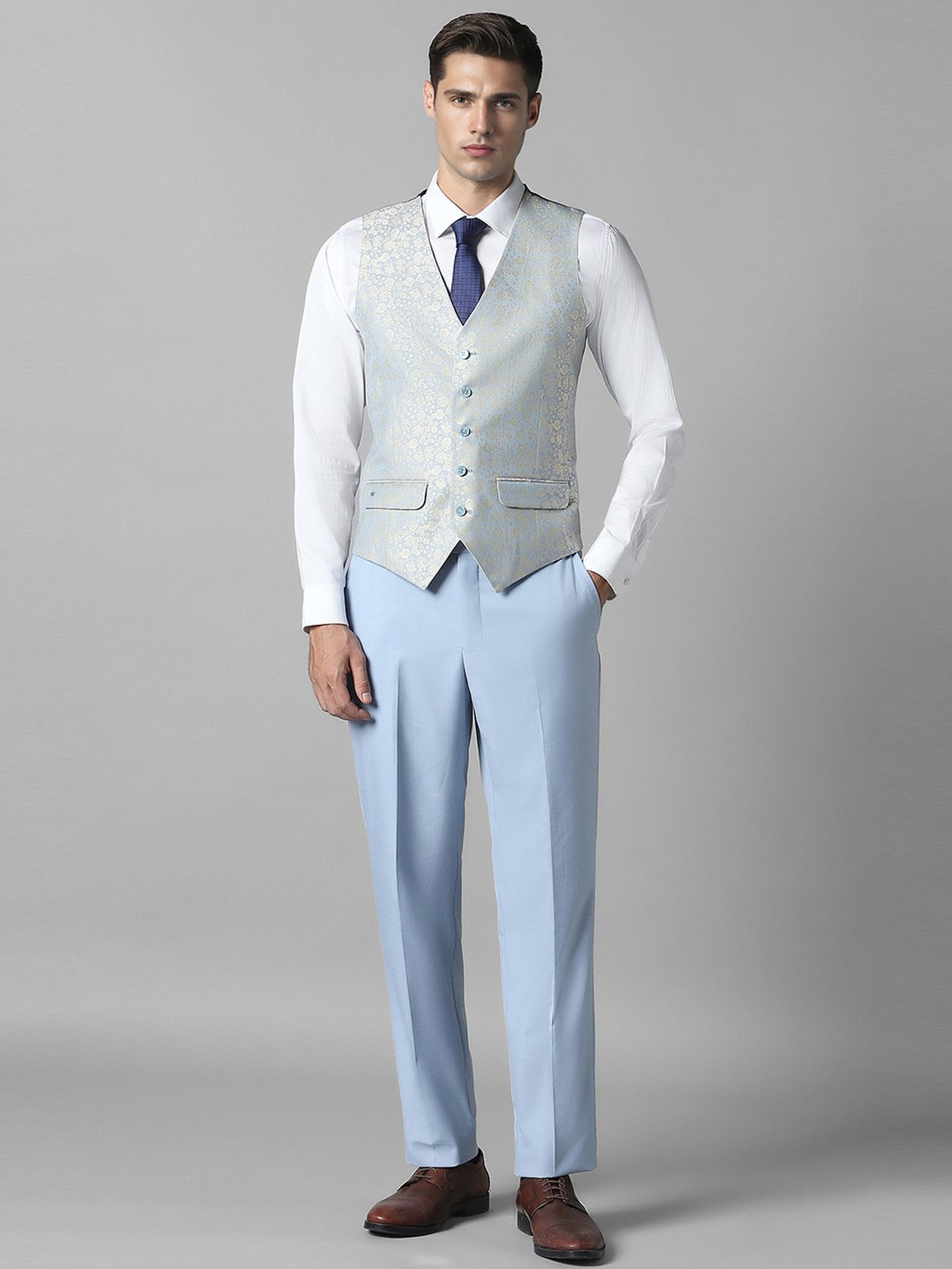 Louis Philippe Blue Slim Fit Texture Three Piece Suit