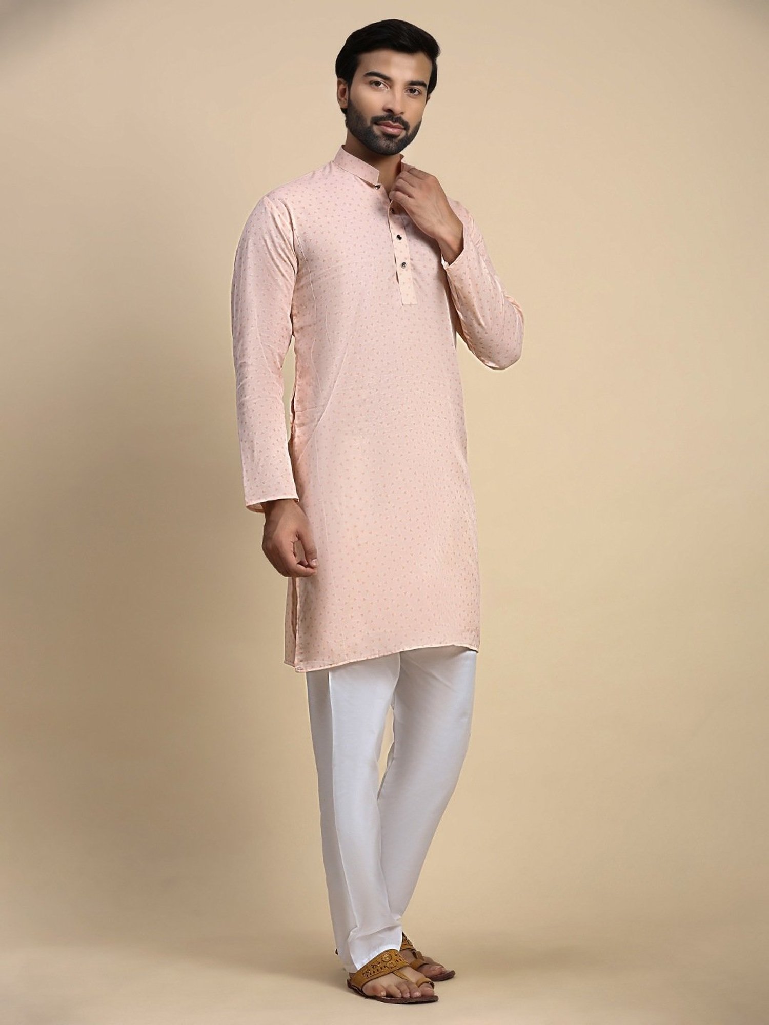Pro-Ethic Style Developer Peach & White Cotton Regular Fit Printed Kurta Bottom Set