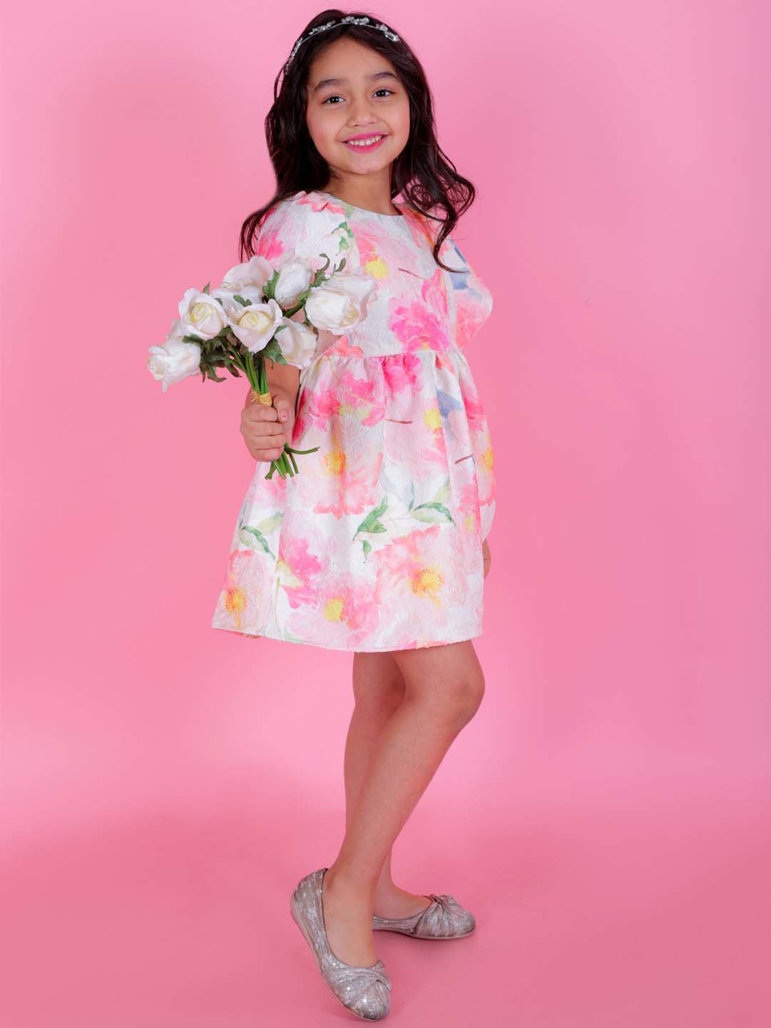 KidsDew Kids White & Pink Floral Print Dress