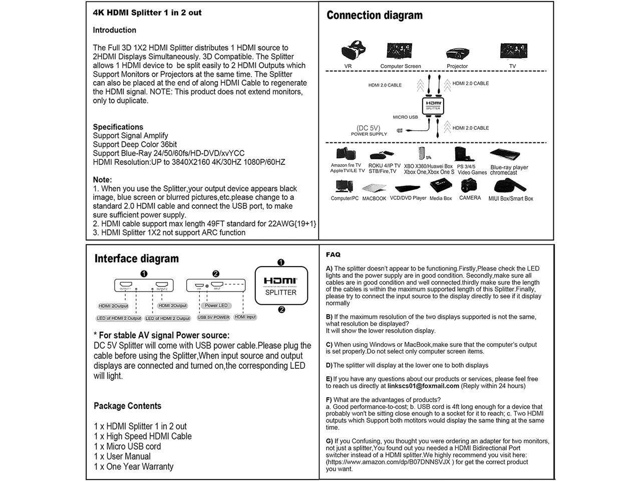HDMI Splitter 1 in 2 Out, 4K HDMI Splitter for Dual Monitors, 1x2 HDMI Splitter 1 to 2 Amplifier for Full HD 1080P 3D Come with High Speed HDMI Cable(1 Source onto 2 Displays)
