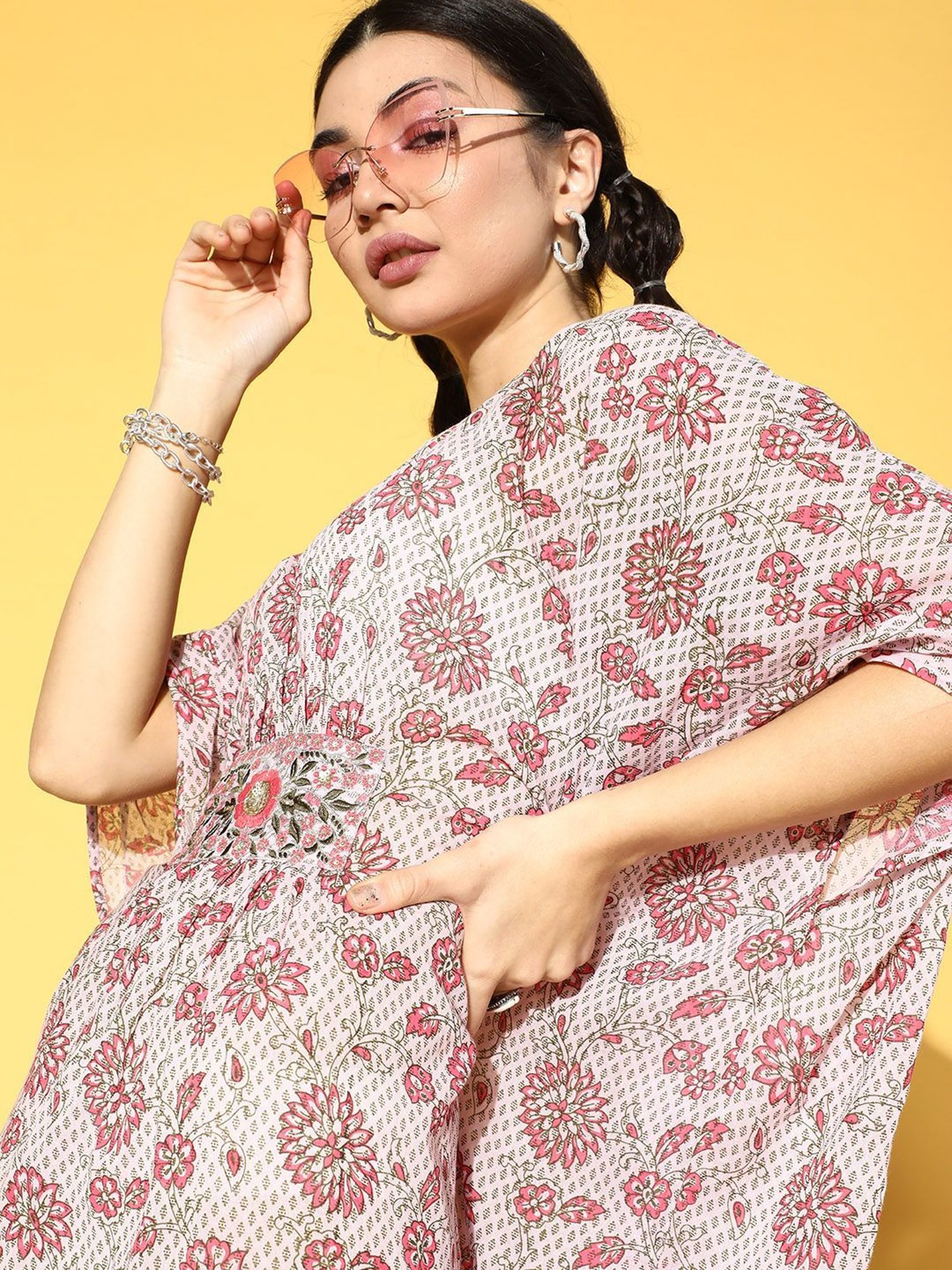 Prakrti Pink Cotton Printed Kaftan