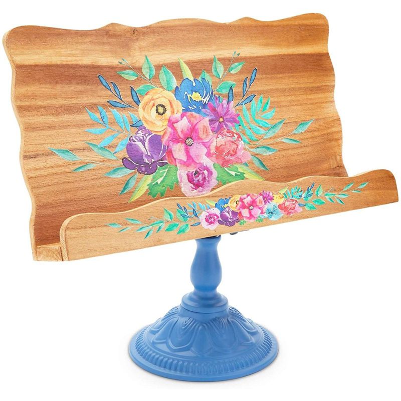 Farmlyn Creek Wood Cookbook and Tablet Holder Stand, Blue Metal Base for Kitchen (14.1 x 13 In)