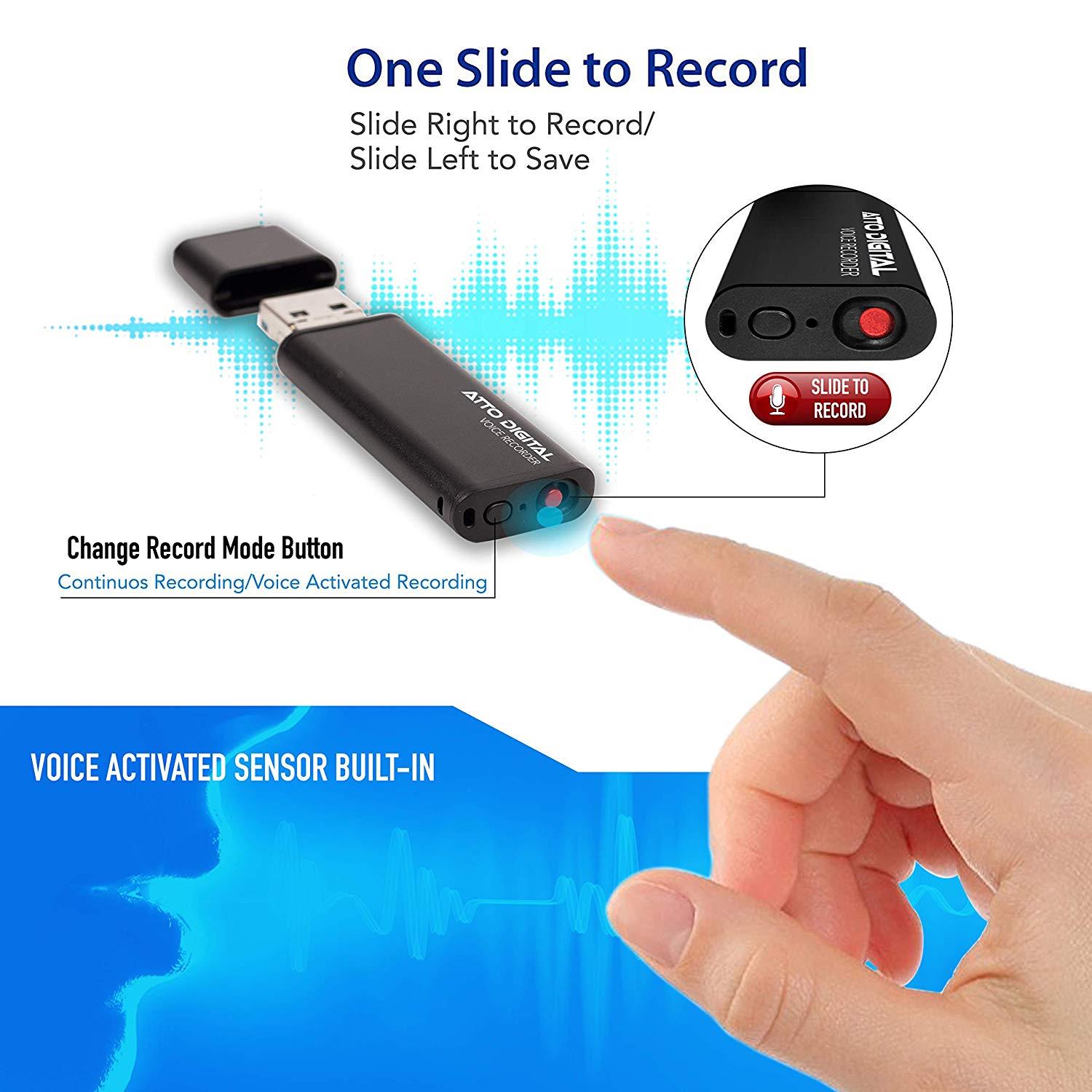Slim Voice Activated Recorder &ndash; USB Flash Drive | 26 Hours Battery | 8GB - 94 Hours Capacity | 512 Kbps Audio Quality | Easy to Use USB Memory Stick Sound Recorder | lightREC by aTTo Digital