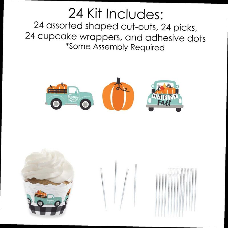 Big Dot of Happiness Happy Fall Truck - Cupcake Decoration - Harvest Pumpkin Party Cupcake Wrappers and Treat Picks Kit - Set of 24