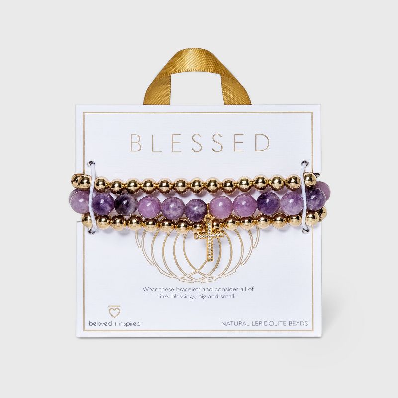 Beloved + Inspired Gold Granite with Cross Trio Stretch Bead Bracelet Set - Purple