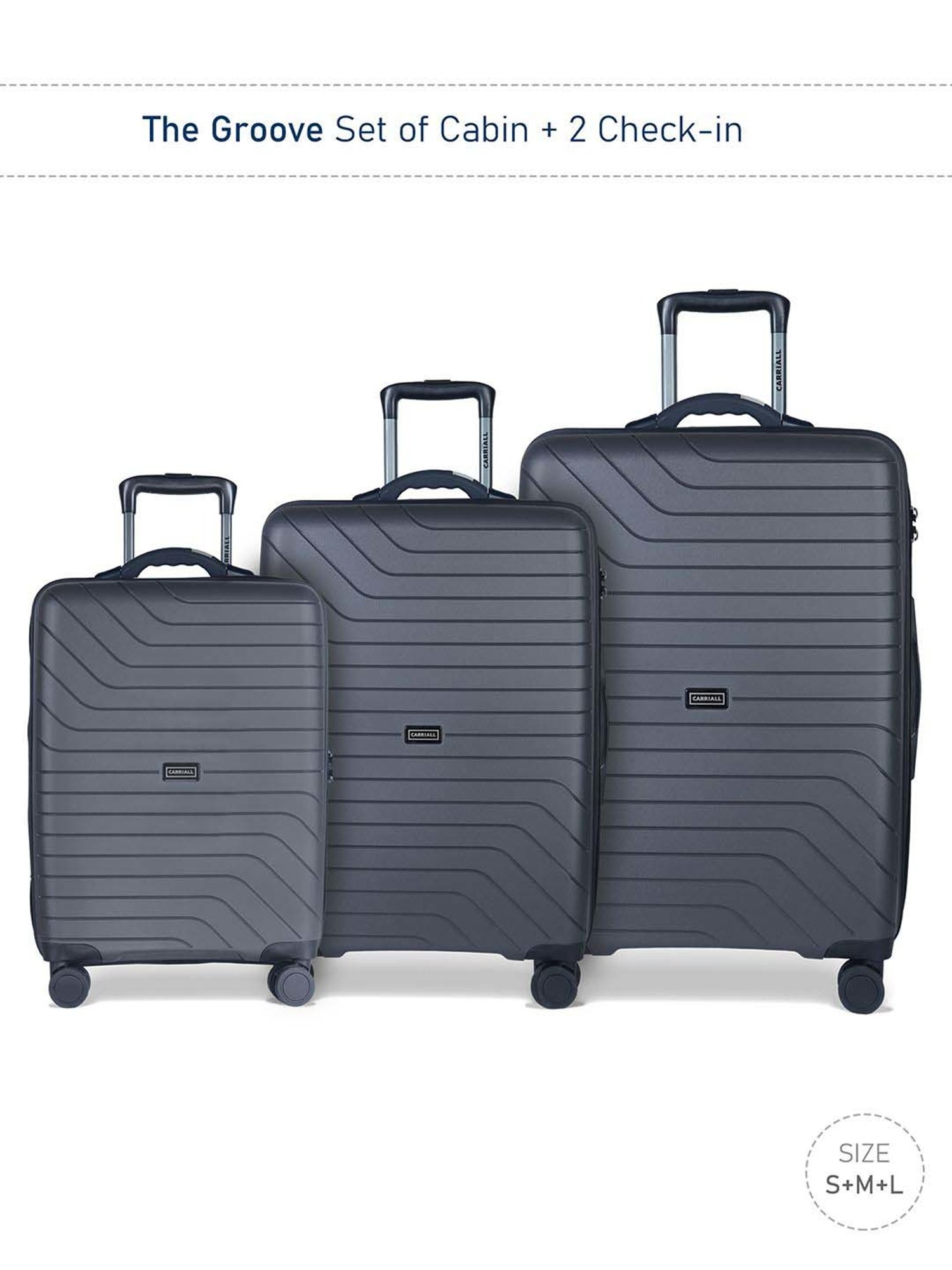 Carriall Groove Grey Striped Hard Trolley Bag Pack of 3 - 55cms, 65cms & 75cms