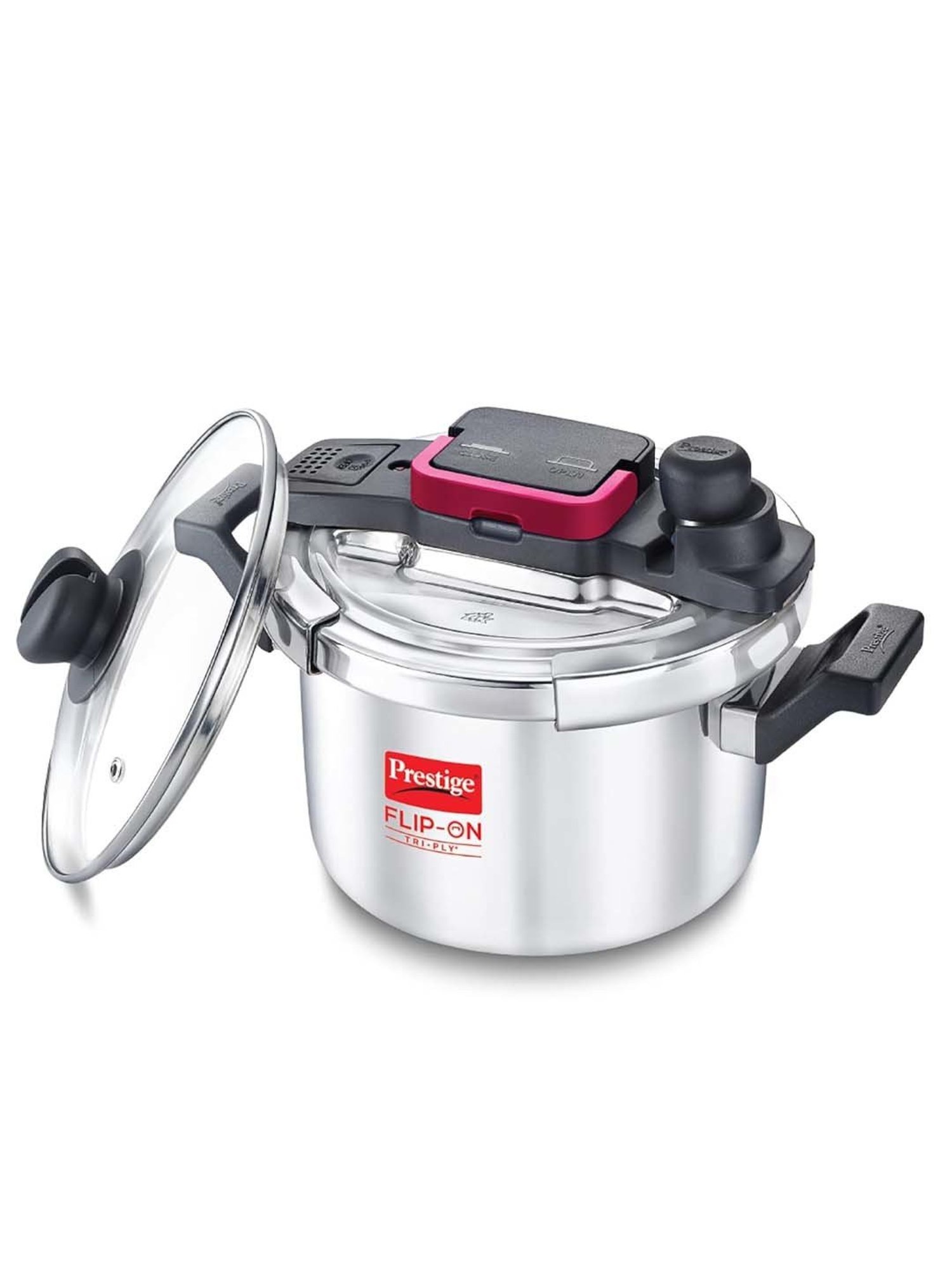 Prestige Silver And Black Stainless Steel 18 cm Flip-On Pressure Cooker With Glass Lid (3 L)